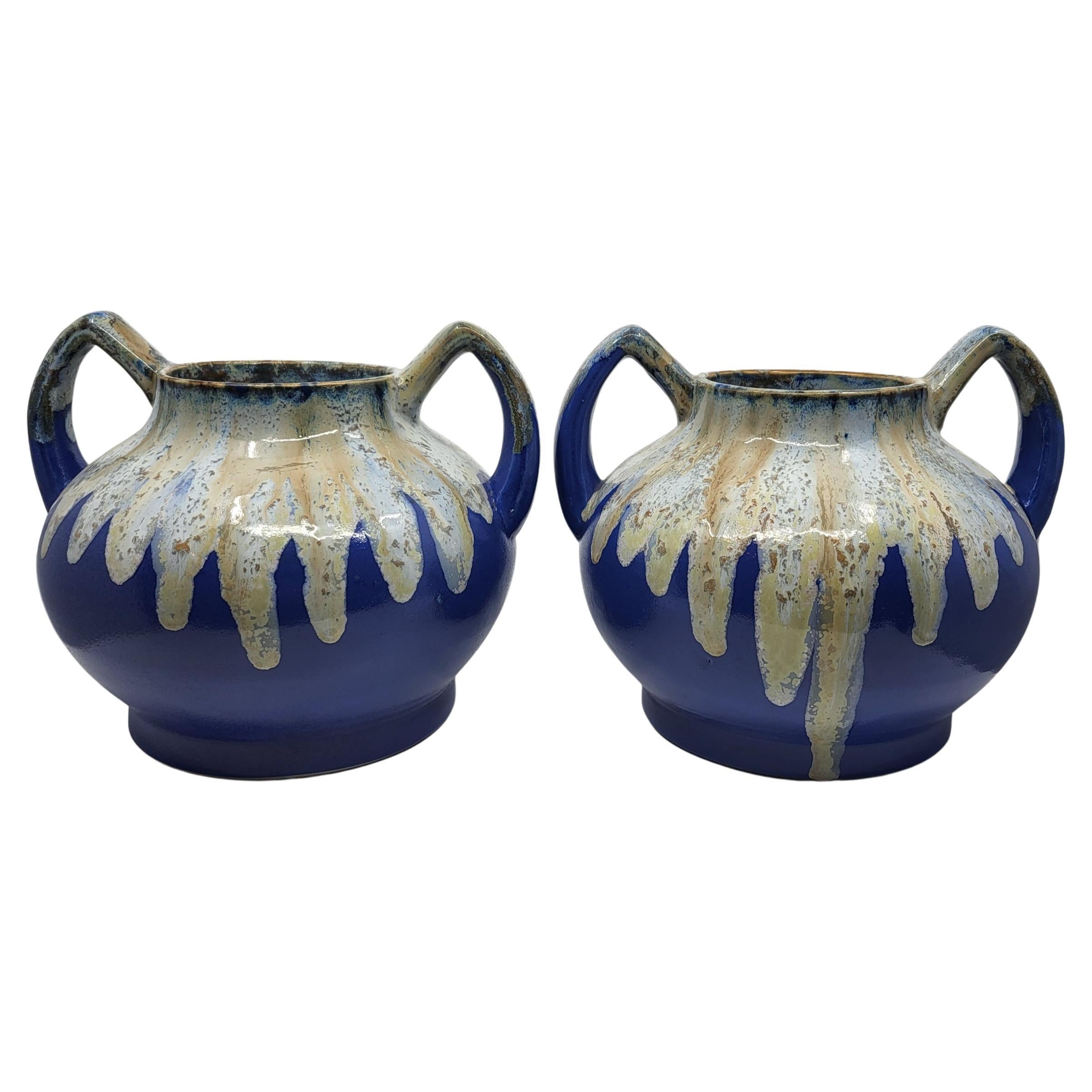 Art déco Paire de vases Alphonse Mouton céramique d'art bleu azur Français Art Déco 1930  en vente