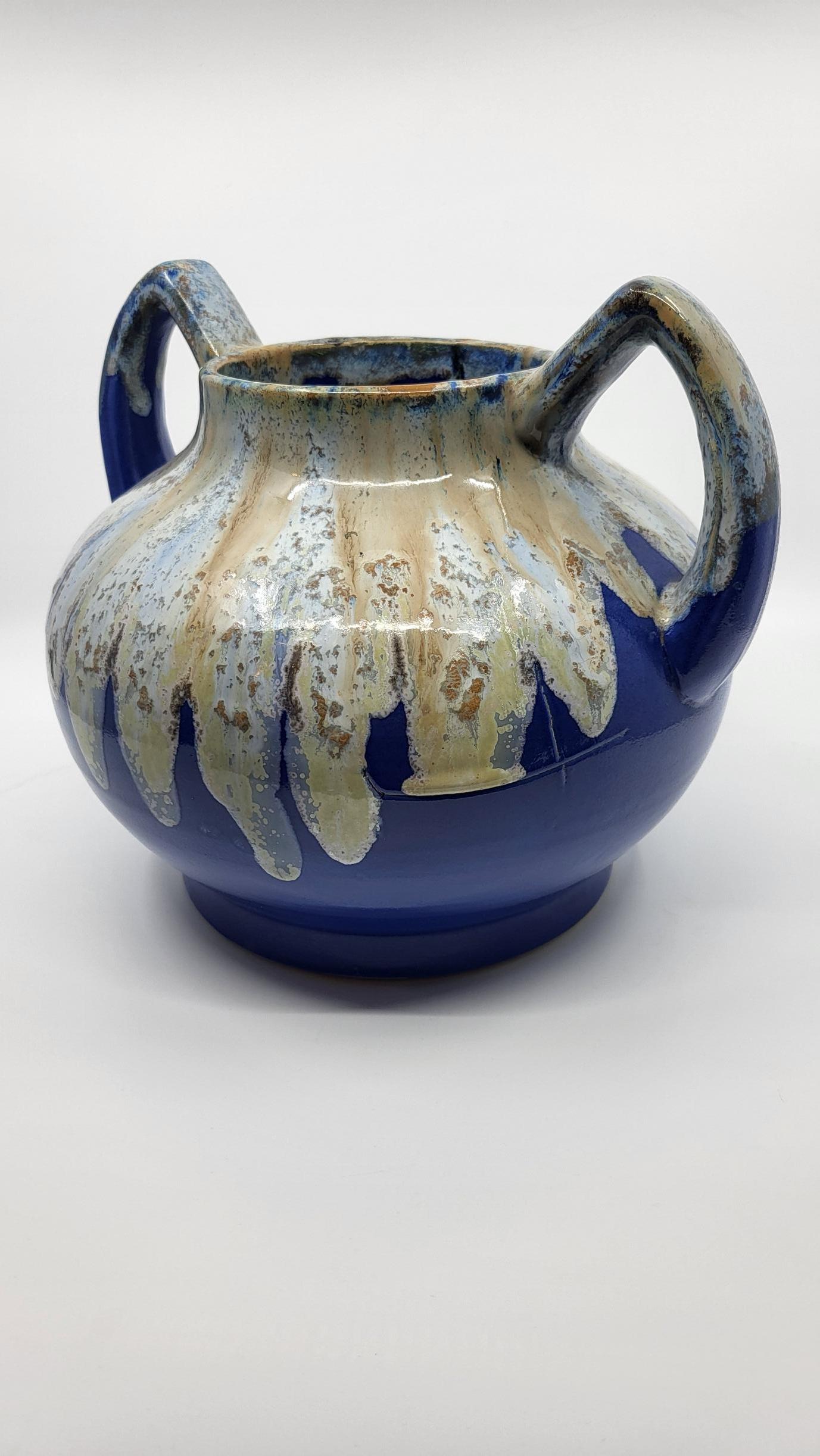 Paire de vases Alphonse Mouton céramique d'art bleu azur Français Art Déco 1930  (Keramik) im Angebot