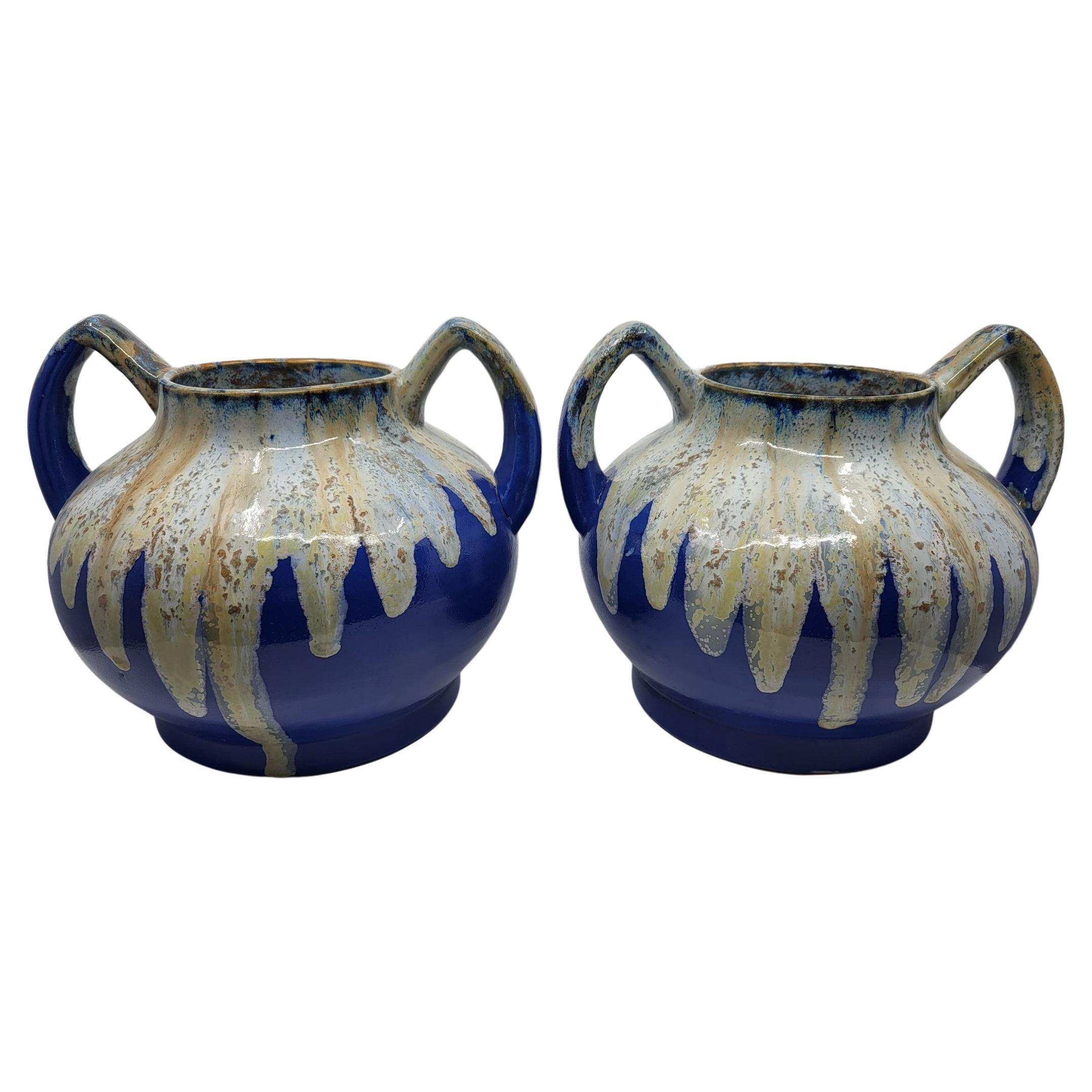 Paire de vases Alphonse Mouton céramique d'art bleu azur Français Art Déco 1930  en vente