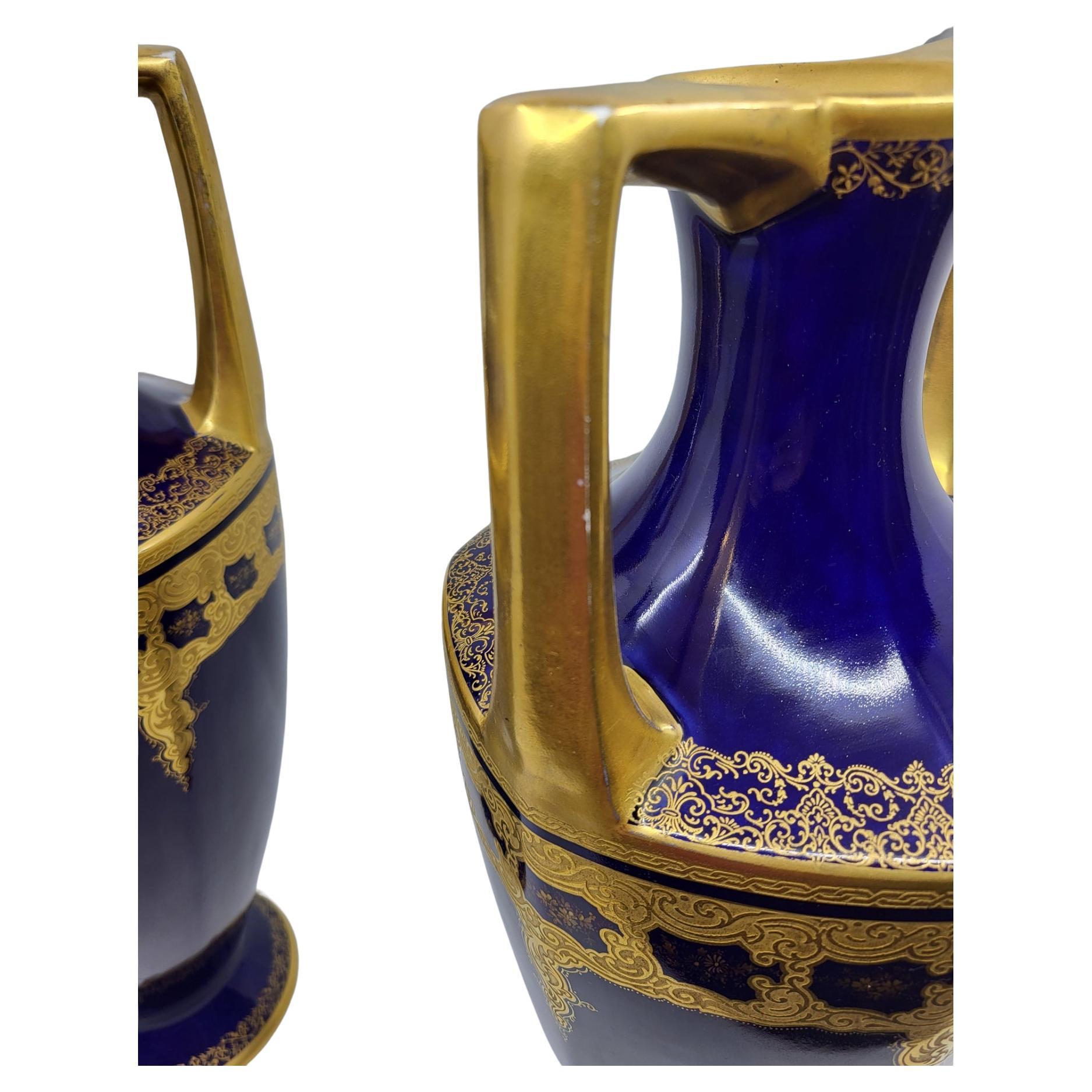 Fine XIX secolo Coppia di vasi Amphore Jean Pouyat, W Guerin Paris Limoges Bleu France 19 ième in vendita