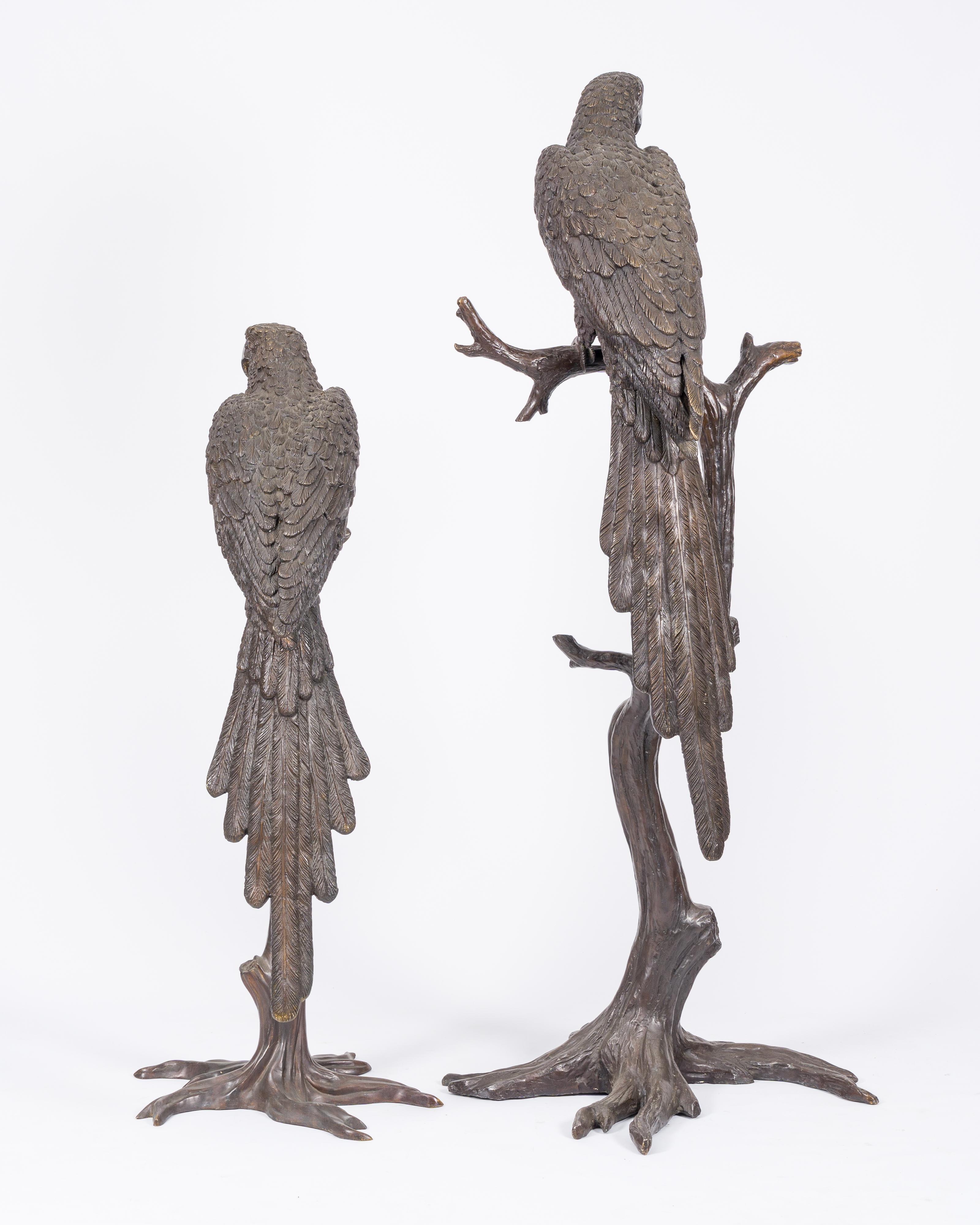 Anglo-japonais Paire d'impressionnantes statues en bronze patiné brun représentant des aras en vente
