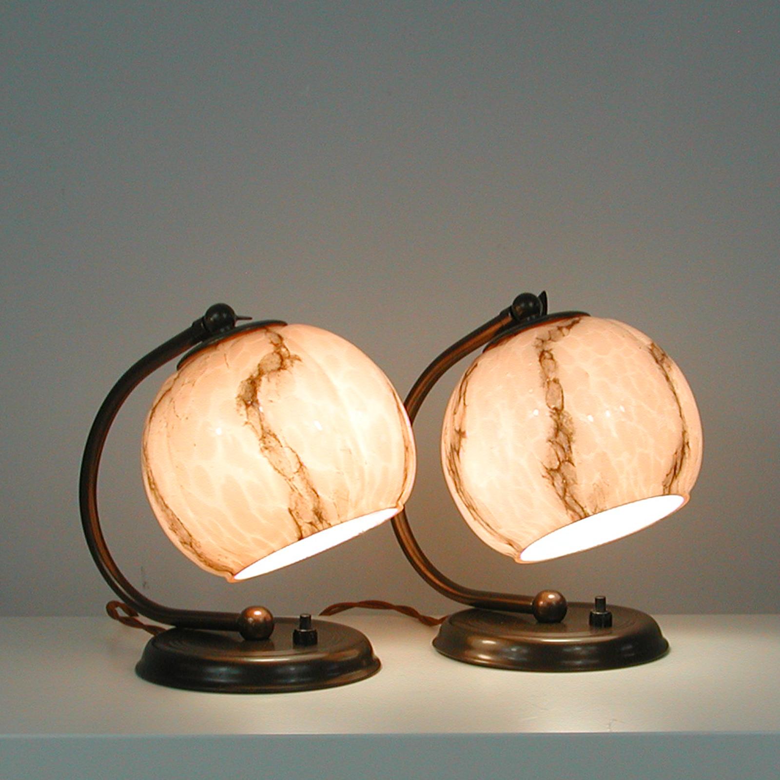 Paire German Art Deco Bronzed Brass Table Lamps Marbled Opaline Shades, 1930s 11