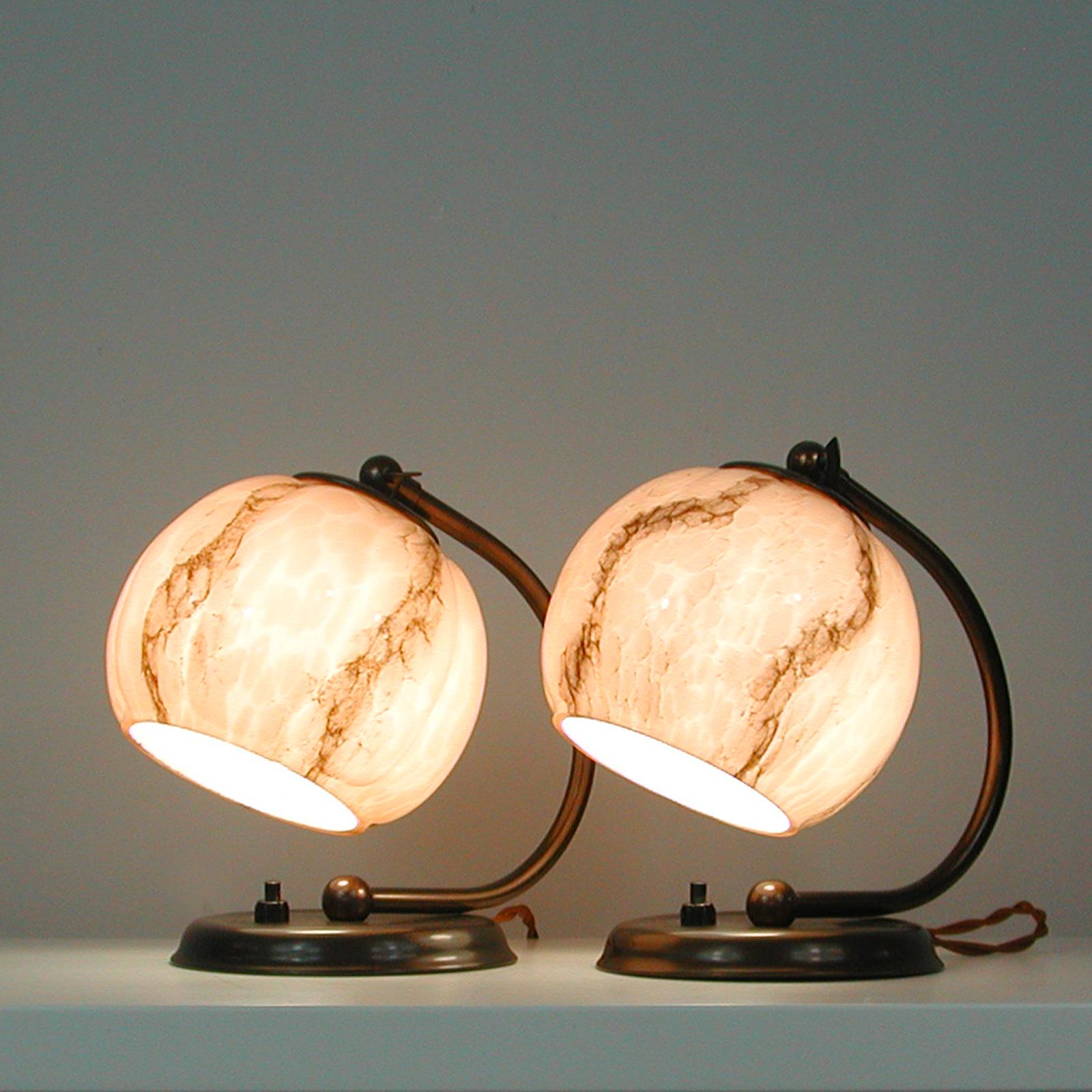 Paire German Art Deco Bronzed Brass Table Lamps Marbled Opaline Shades, 1930s 1