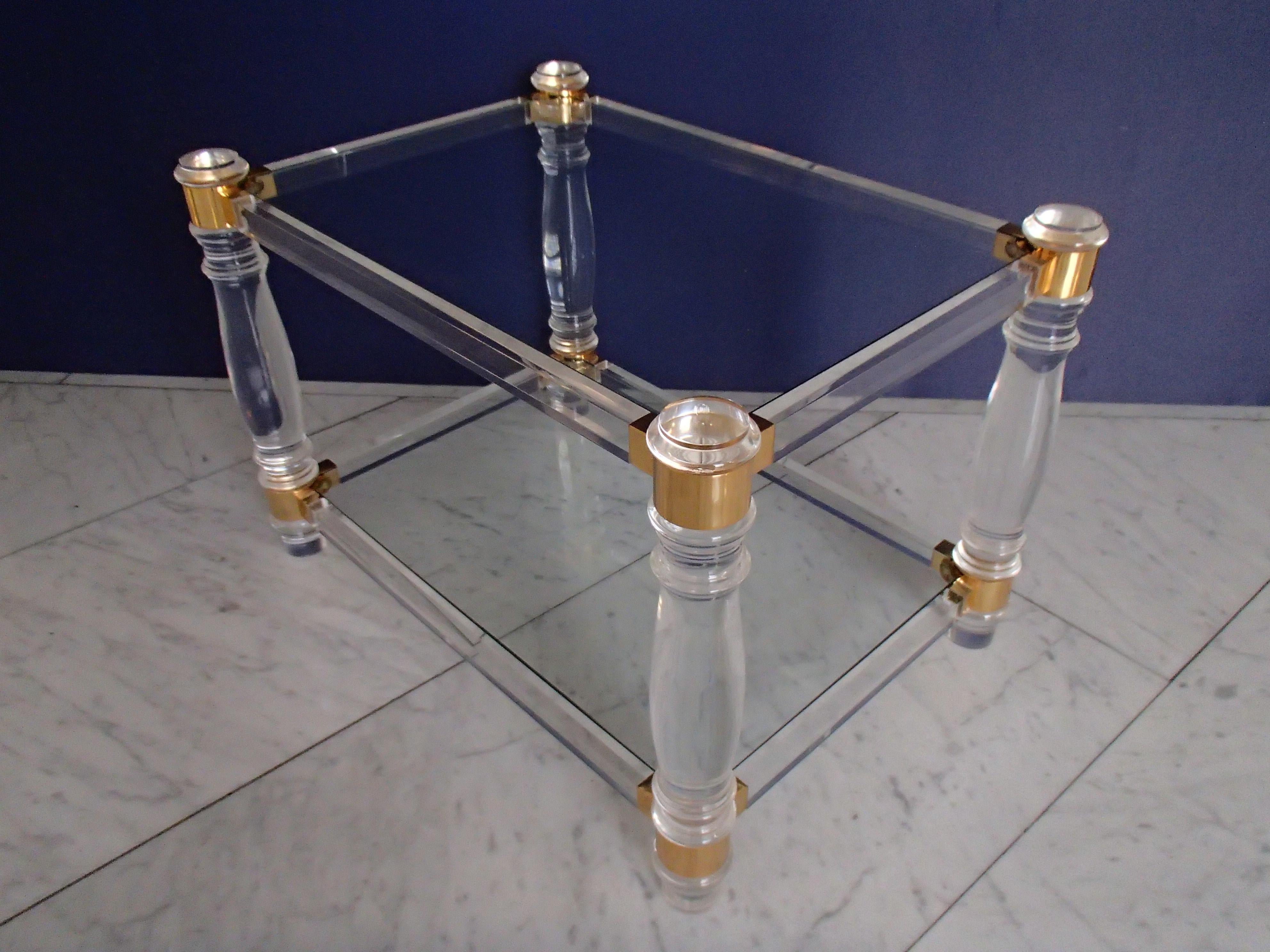 Italian Pair of Modern Side Tables Plexi Glass, Glass and Brass  For Sale