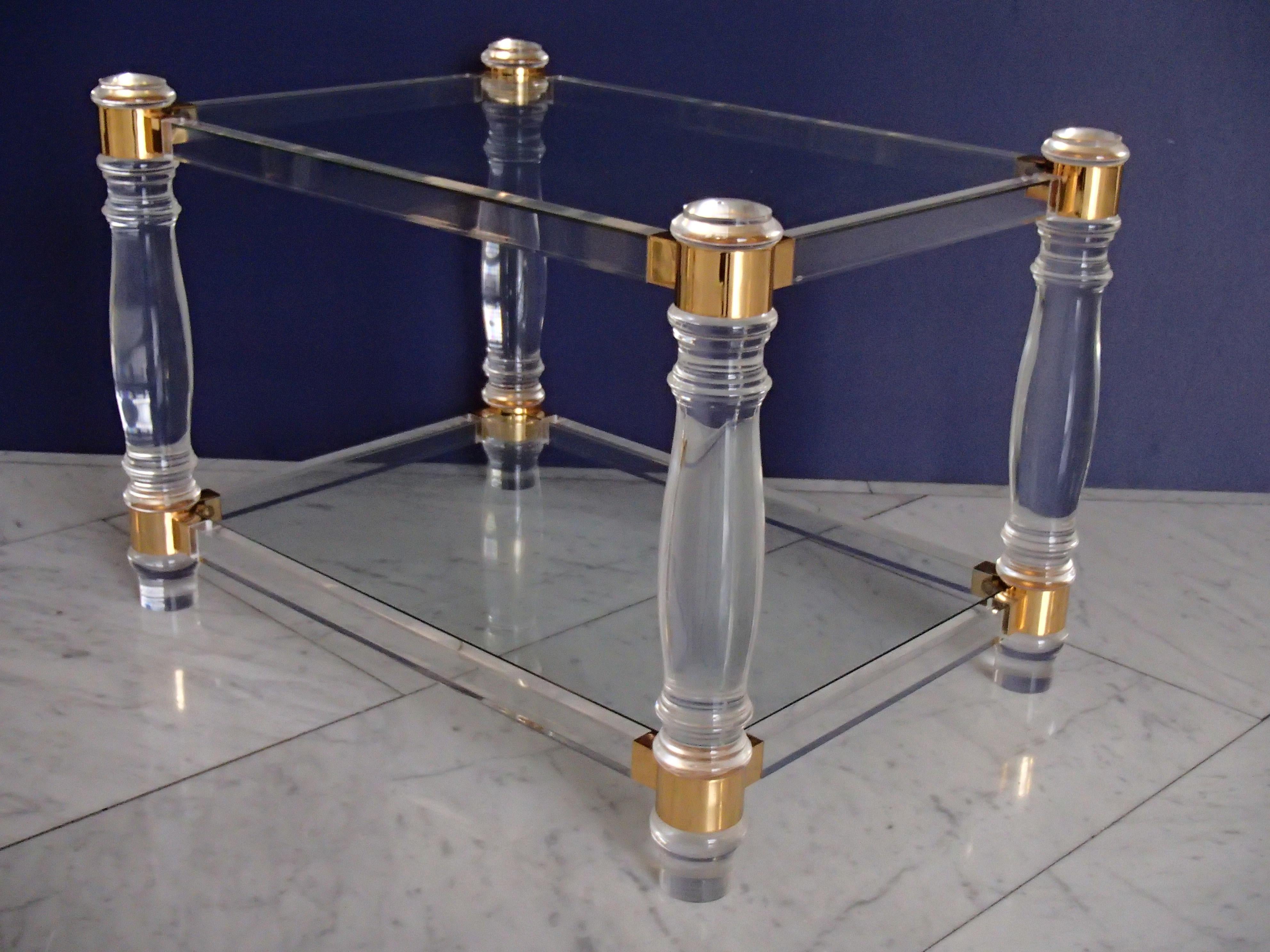 Molded Pair of Modern Side Tables Plexi Glass, Glass and Brass  For Sale