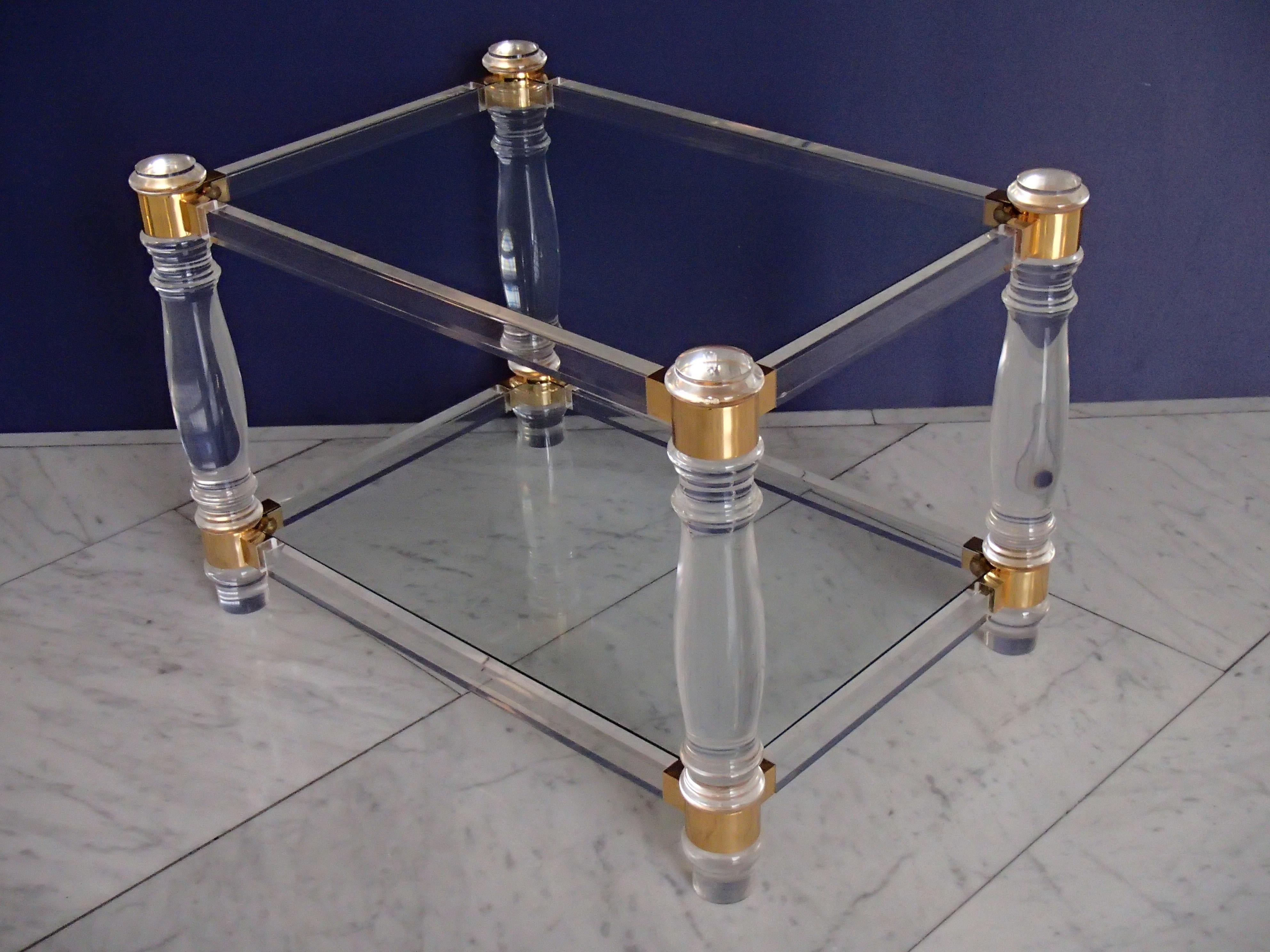 Late 20th Century Pair of Modern Side Tables Plexi Glass, Glass and Brass  For Sale