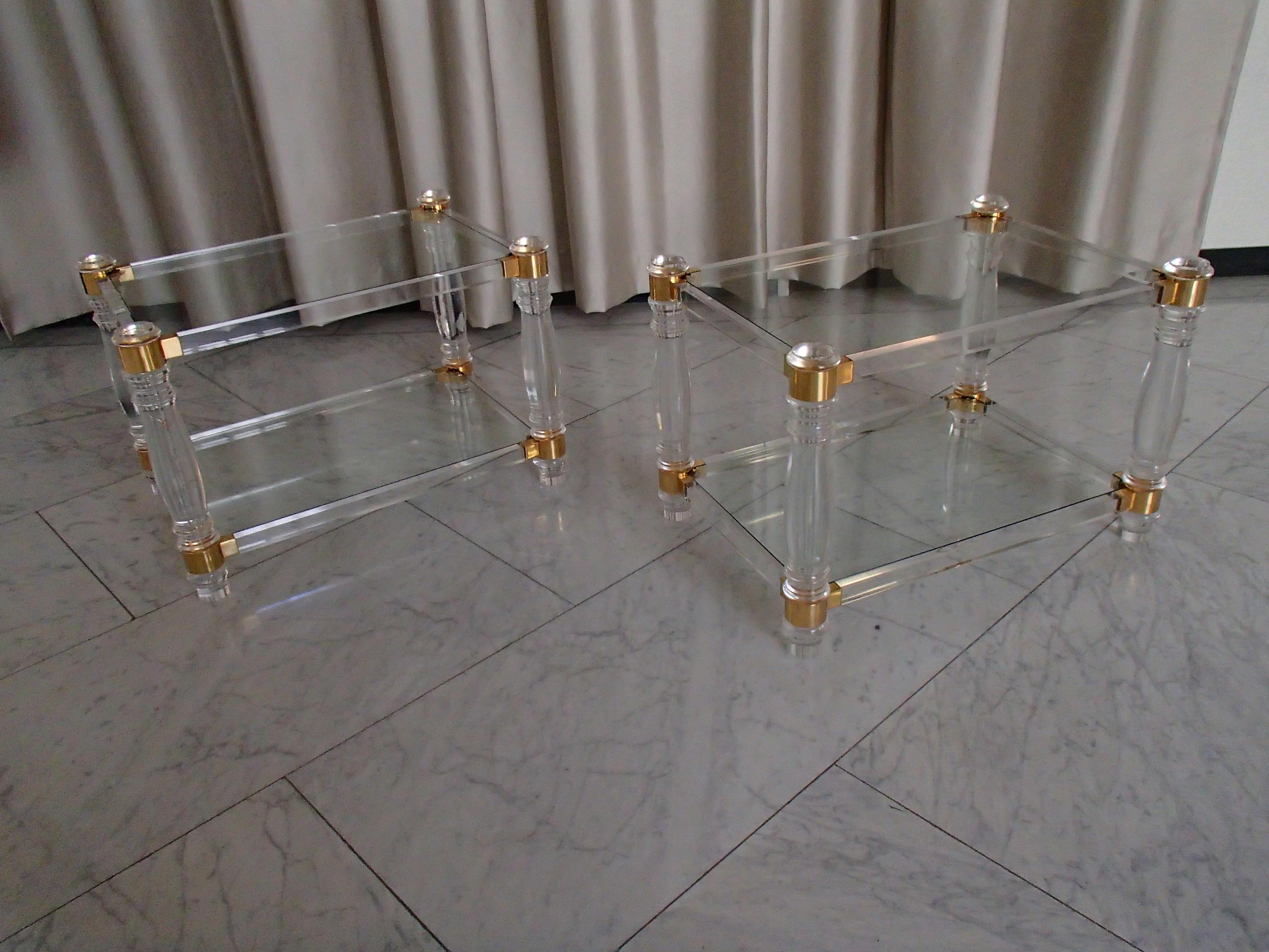 Pair of Modern Side Tables Plexi Glass, Glass and Brass  For Sale 3