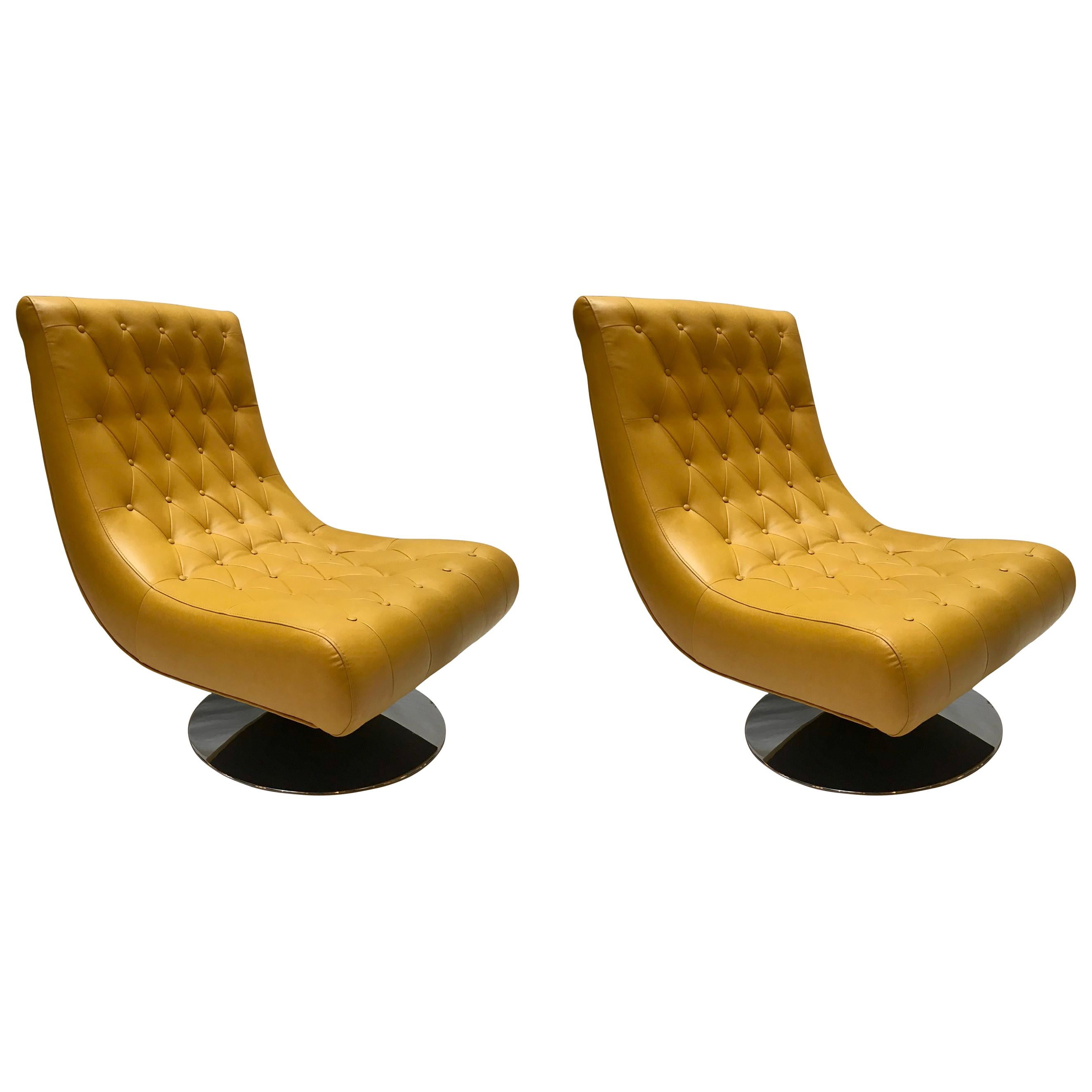 Pair of Armchairs in Yellow Hermès Leather For Sale