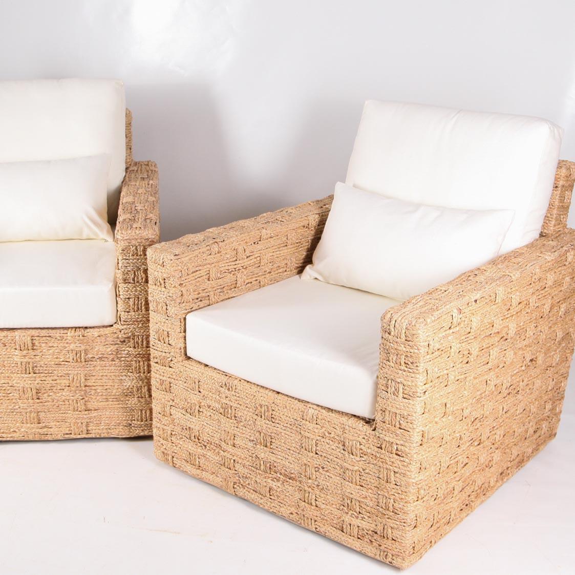 Hand-Woven Paire of braided seagrass armchairs  For Sale