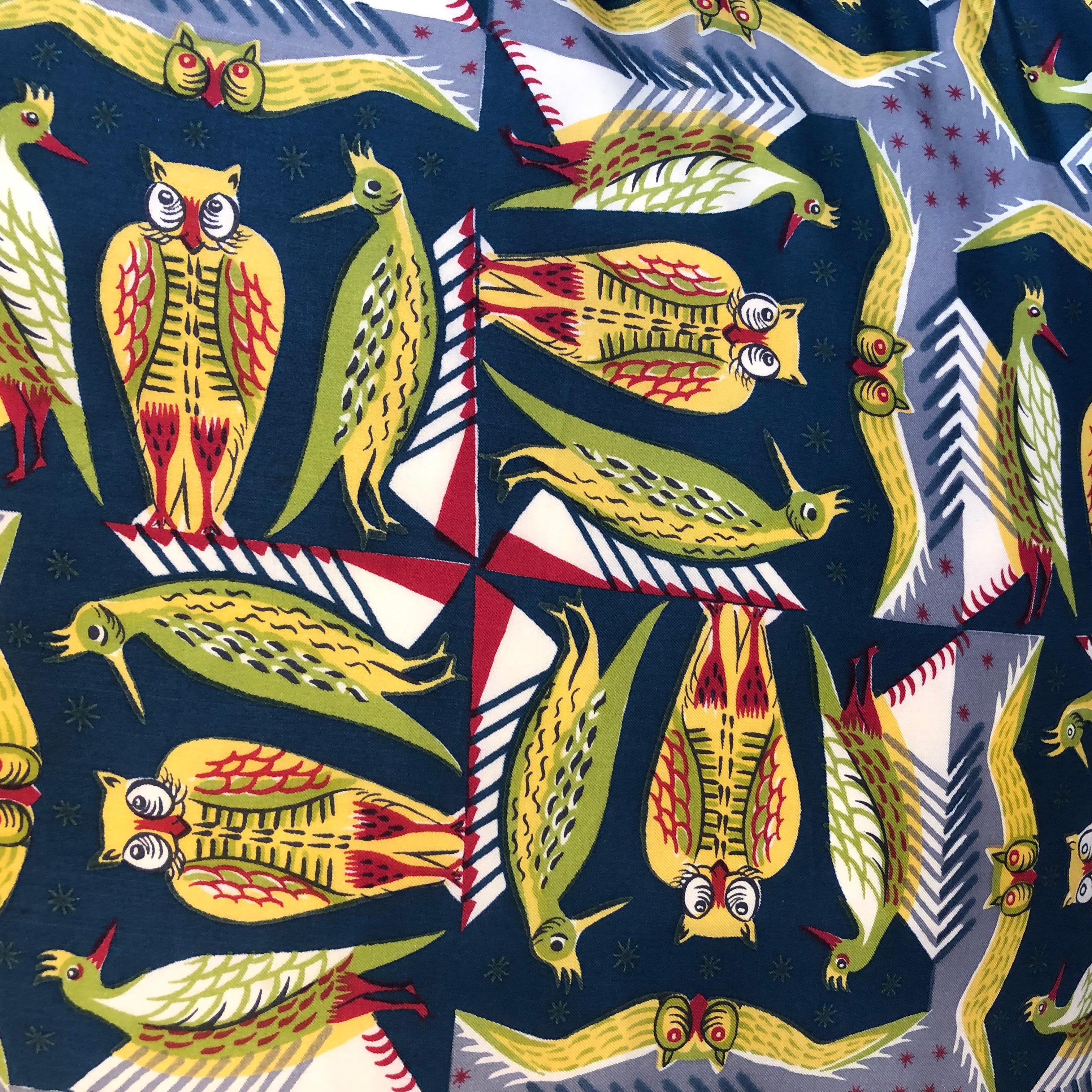 English Paire of Cushions, Owls and Birds Pattern Silk Liberty & Co, London, 1950s