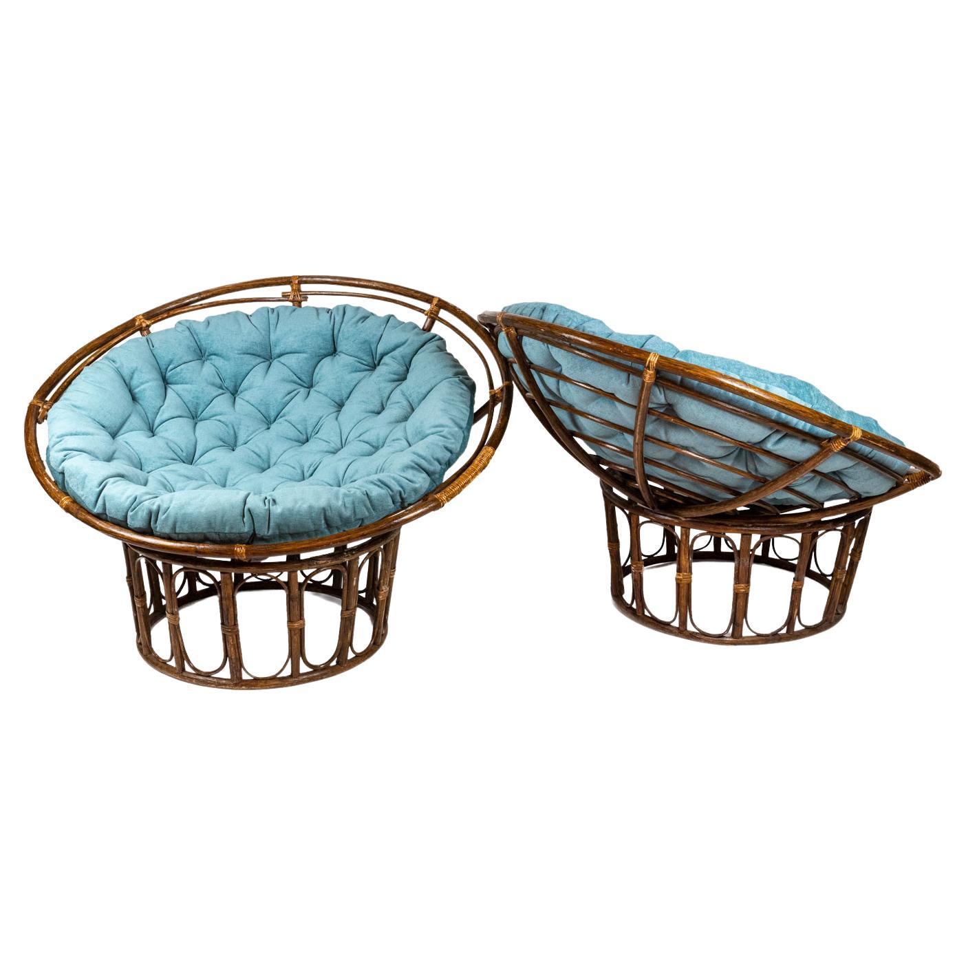 Paire of Fauteuils "Papasan" in Rattan and Quilted Fabric, 1970s For Sale