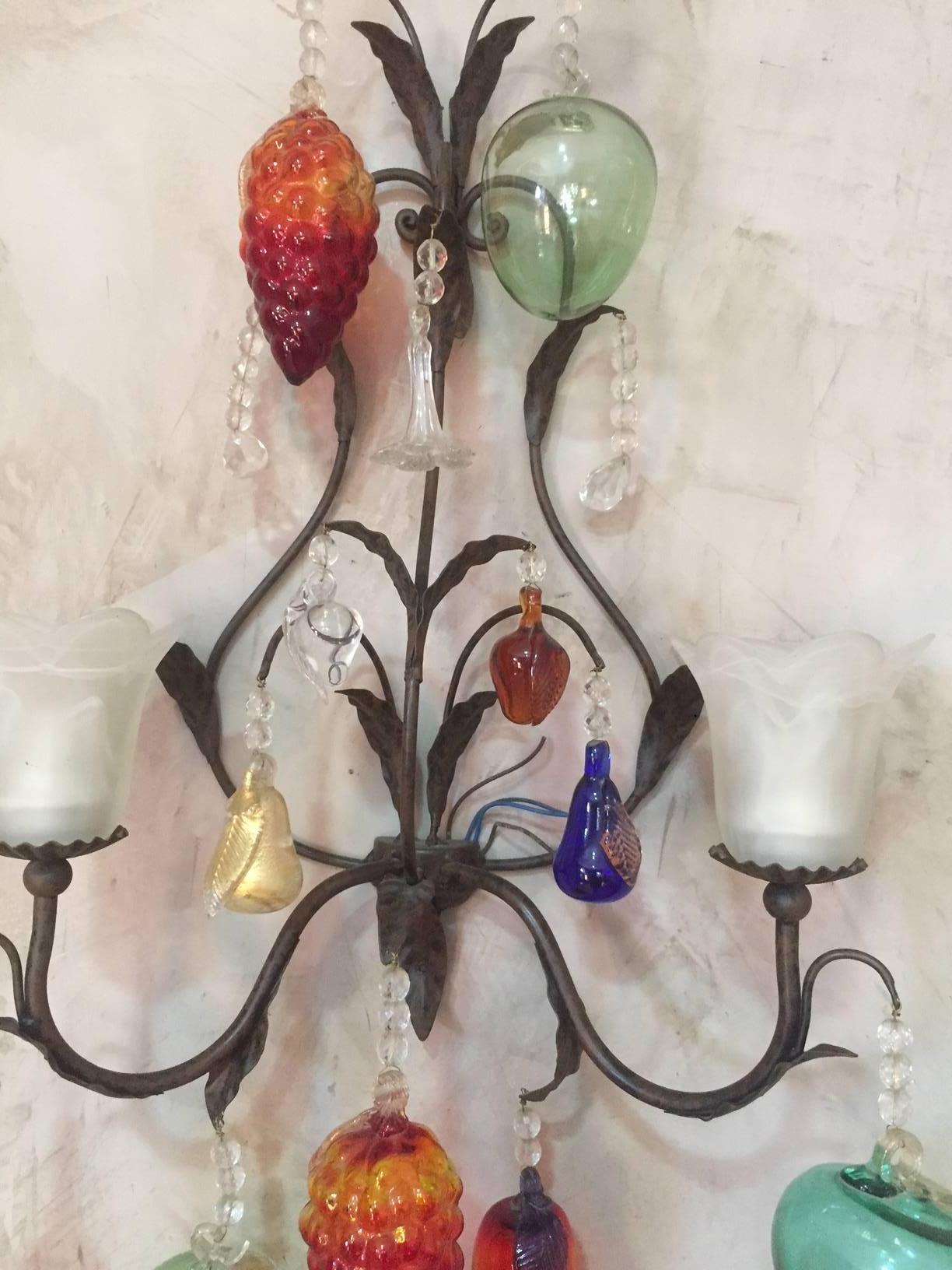 Pair of Italian Decorative Fruits Murano Glass Wall Lamps, 1980s 6