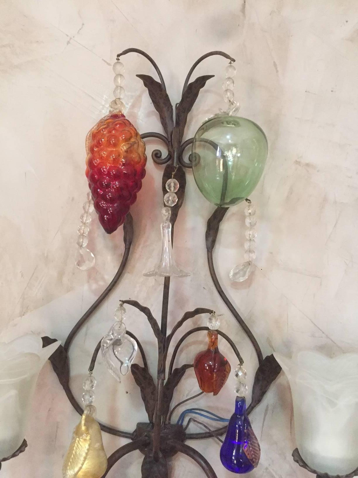 Pair of Italian Decorative Fruits Murano Glass Wall Lamps, 1980s 8