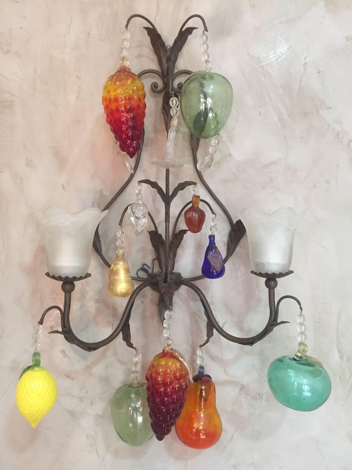 Pair of Italian Decorative Fruits Murano Glass Wall Lamps, 1980s 9