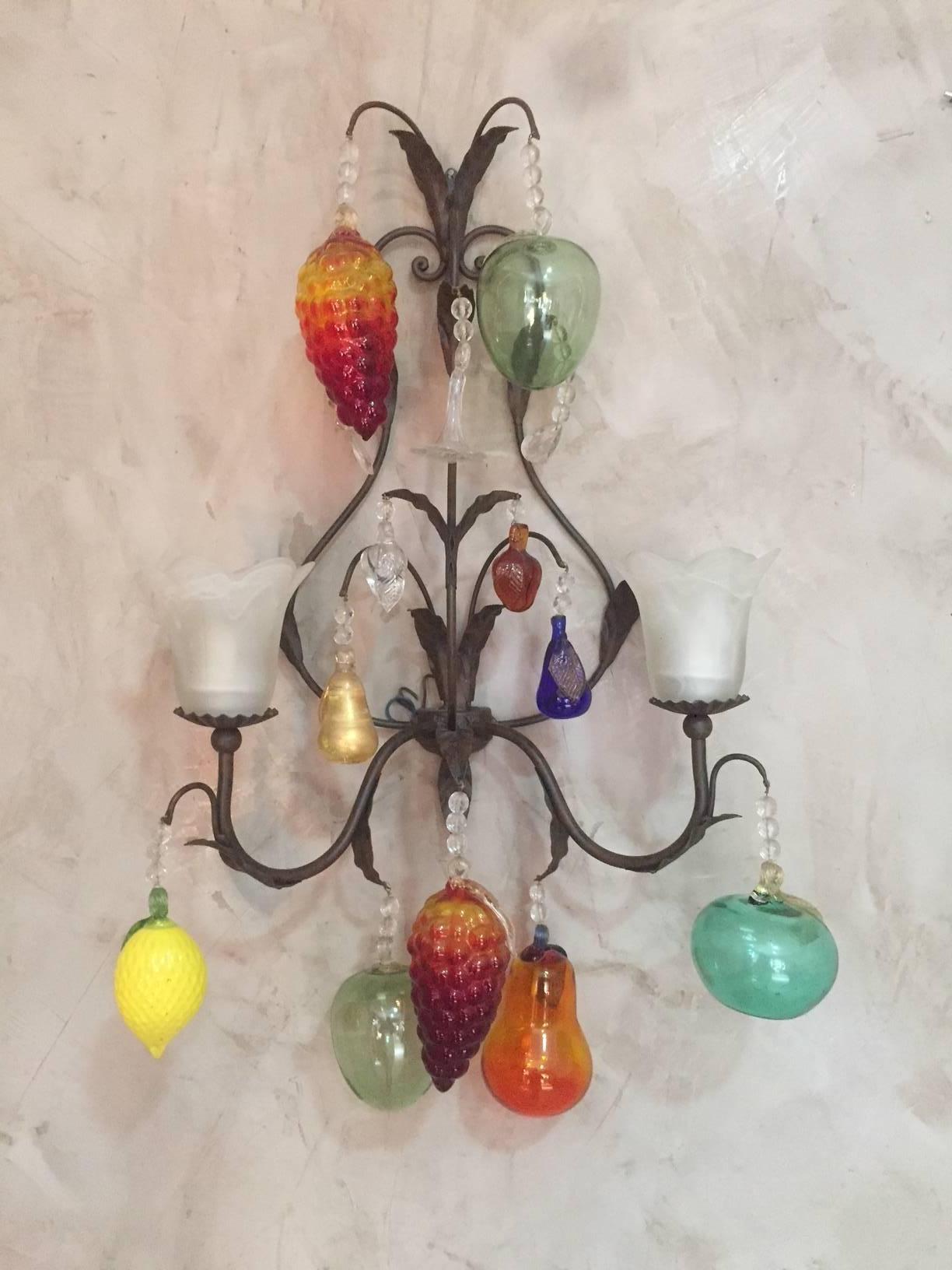 Special Murano order for a French restaurant in Lyon (South East). Very nice decorative fruits in Murano glass (Italian) wall lamp. Each fruit is blown glass. Apple, pear, lemon, grapes.
Model unique.