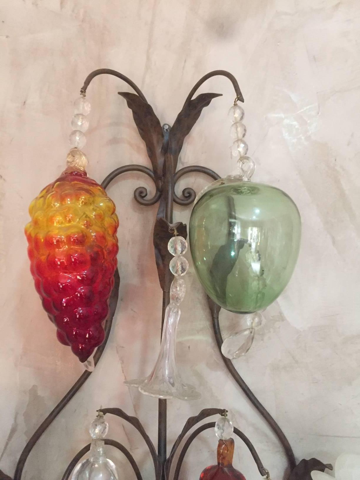 Pair of Italian Decorative Fruits Murano Glass Wall Lamps, 1980s 4
