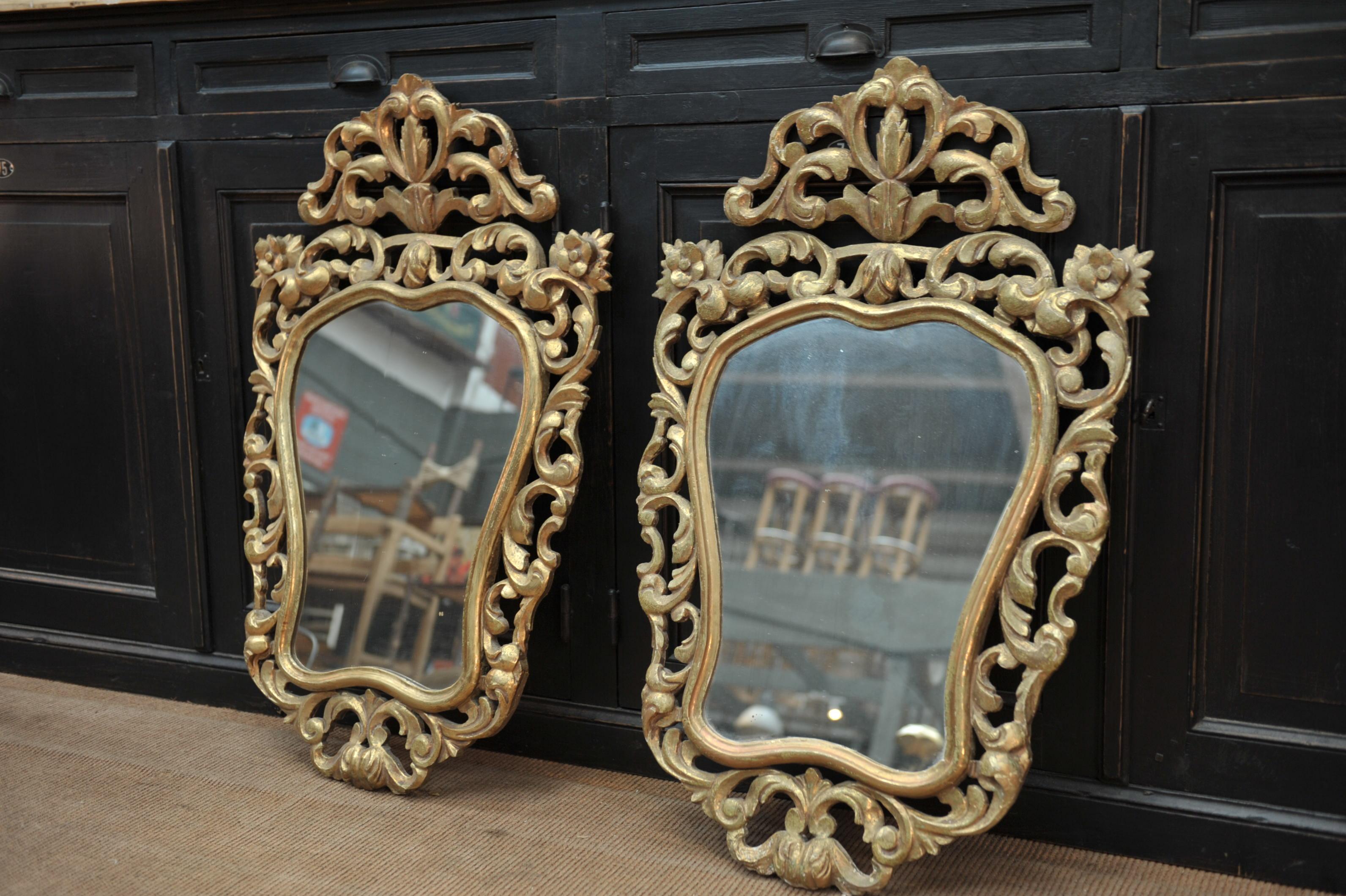 Pair of Louis XV style pine wood gilt mirrors circa 1930 original glass. Weight about 3 kg each.