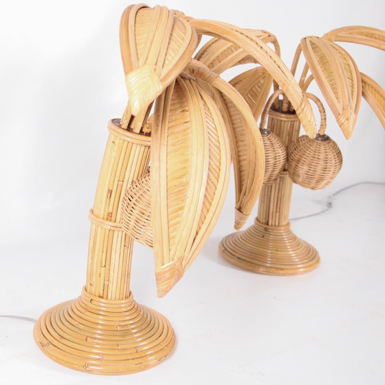 Italian Pair of rattan coconut tree - palm tree lamps