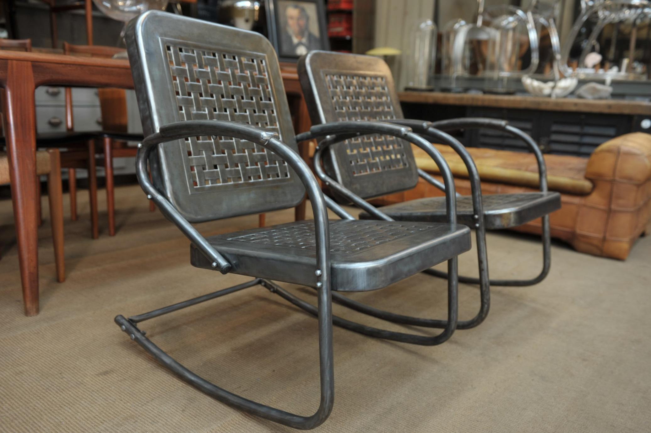 Mid-20th Century Pair of Perforated Metal Armchairs, circa 1950 For Sale