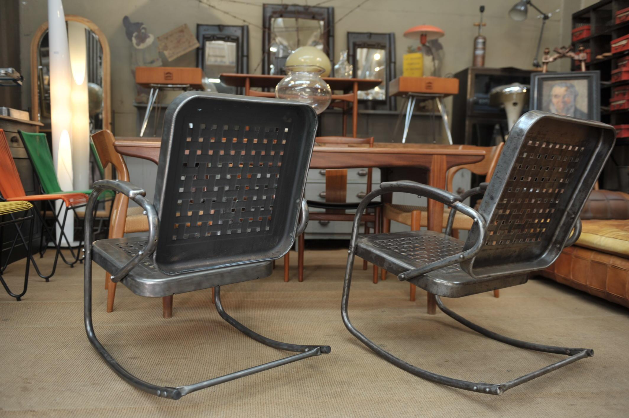 Steel Pair of Perforated Metal Armchairs, circa 1950 For Sale