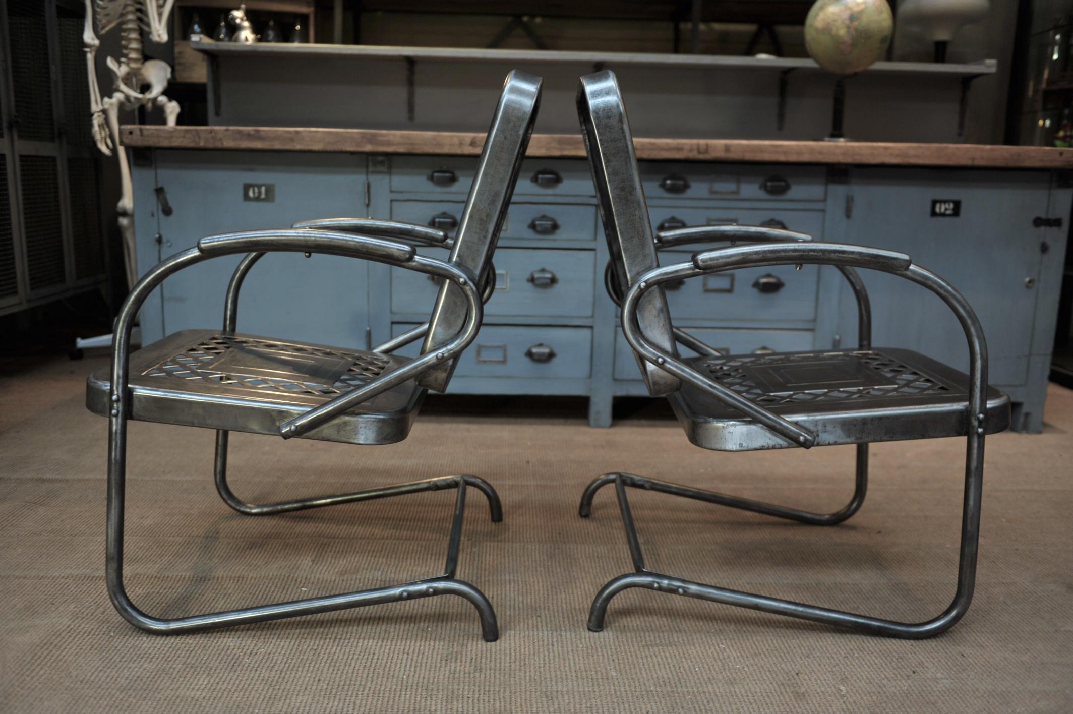 Mid-Century Modern Paire of Perforated Metal Garden Armchairs, 1950s For Sale