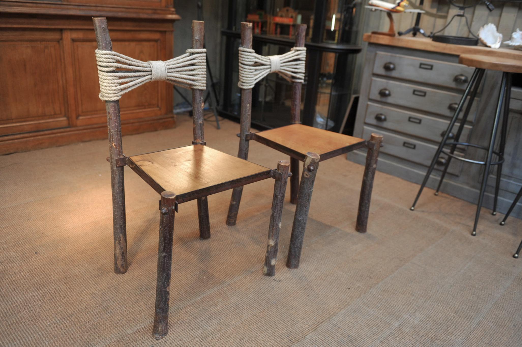 Paire Of Primitive Tree Chairs Wood And Rope 1950s