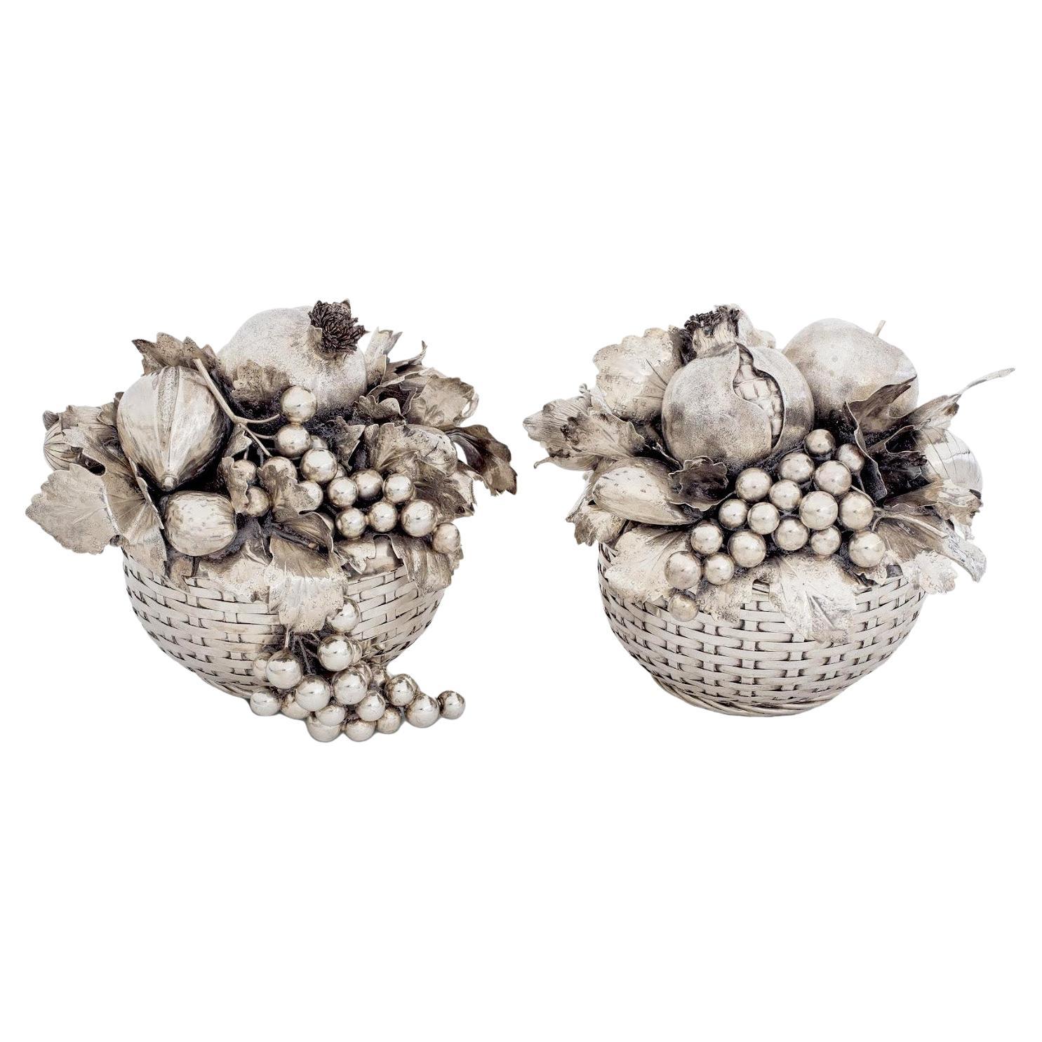 Buccellati : paire de paniers tissés couverts de fruits en argent massif 925