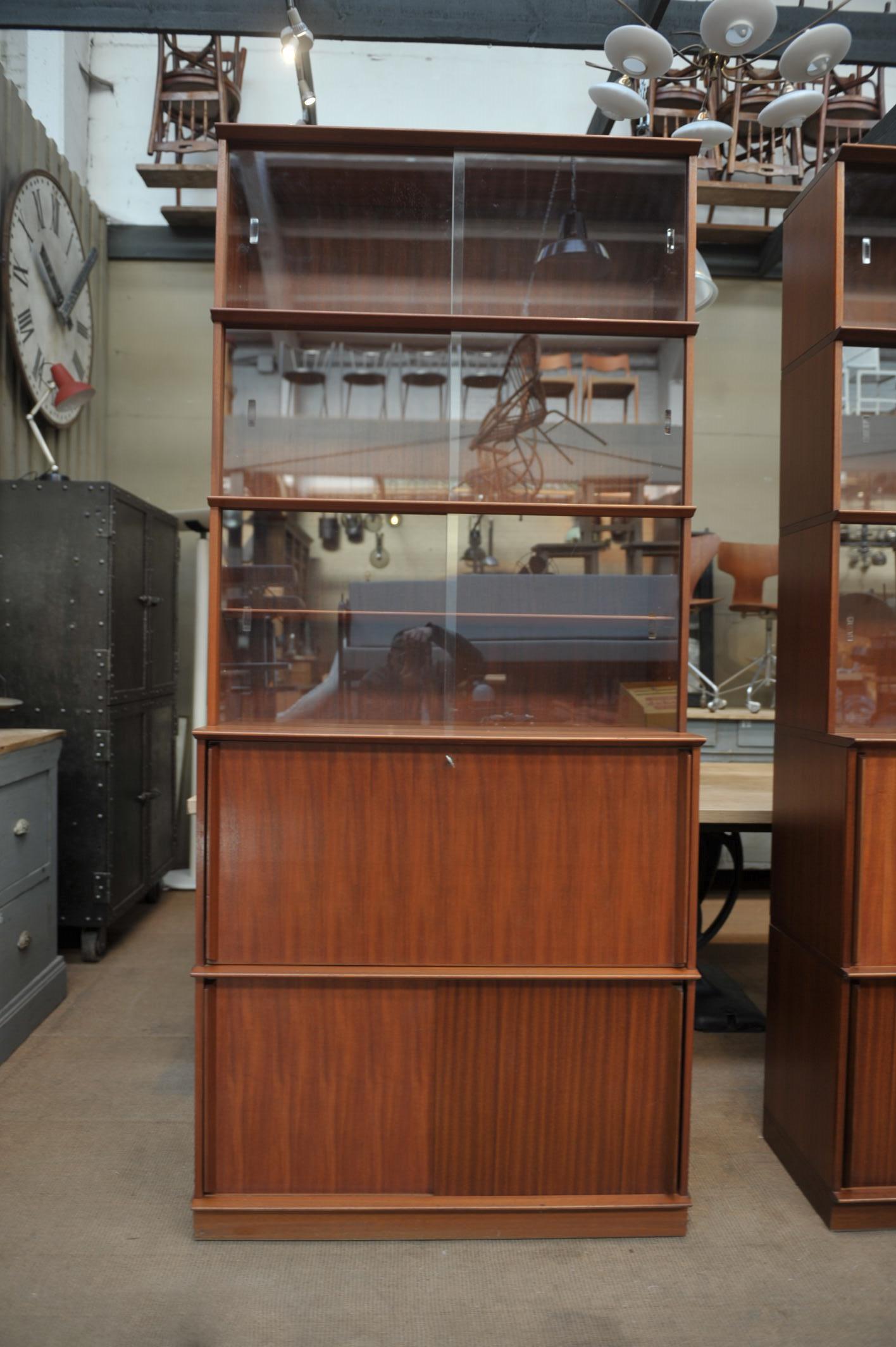 Pair of Teak Secretaire and Sliding Doors Bookcase Cabinets, circa 1960 For Sale 5