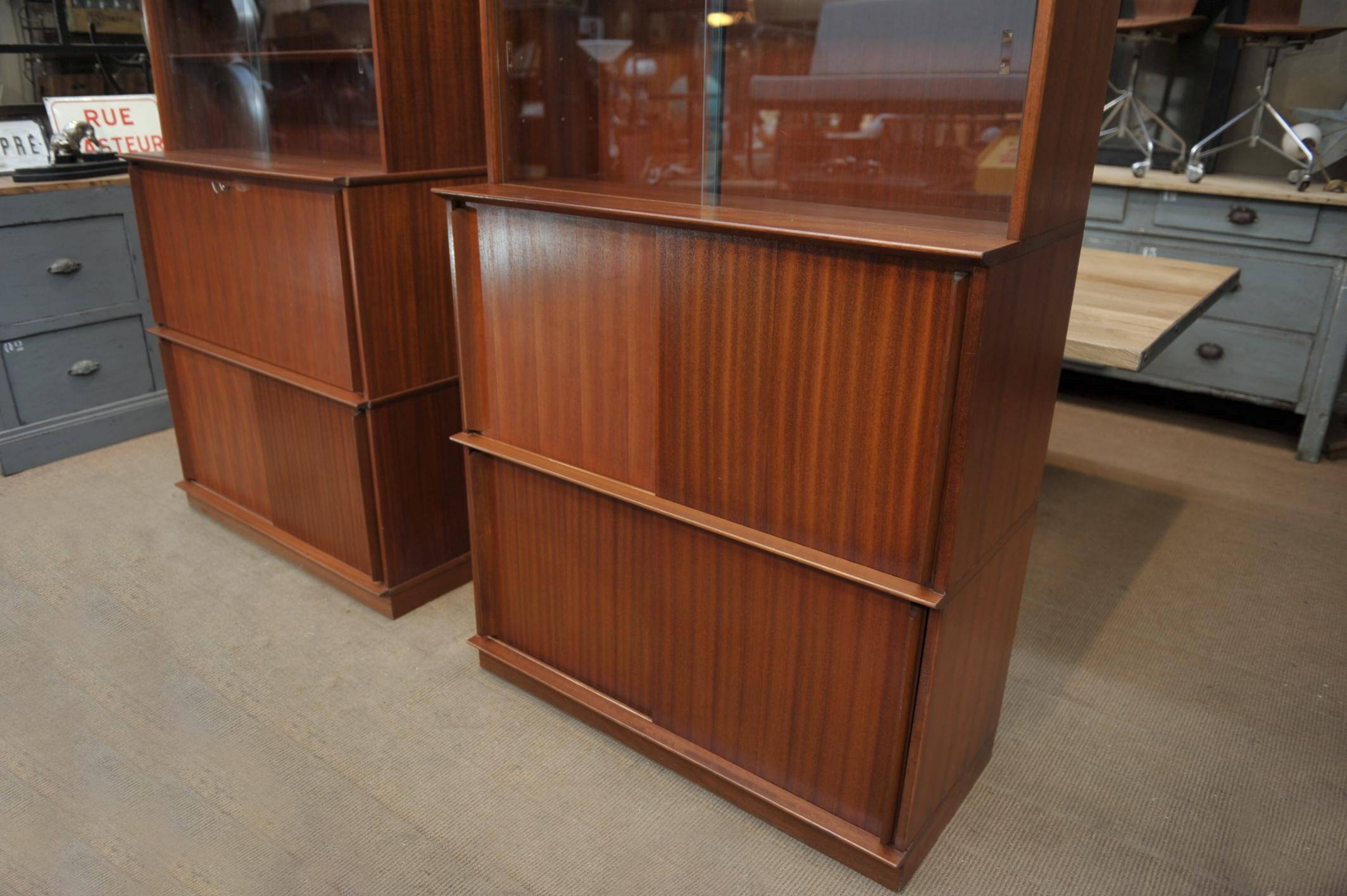 Mid-Century Modern Pair of Teak Secretaire and Sliding Doors Bookcase Cabinets, circa 1960 For Sale