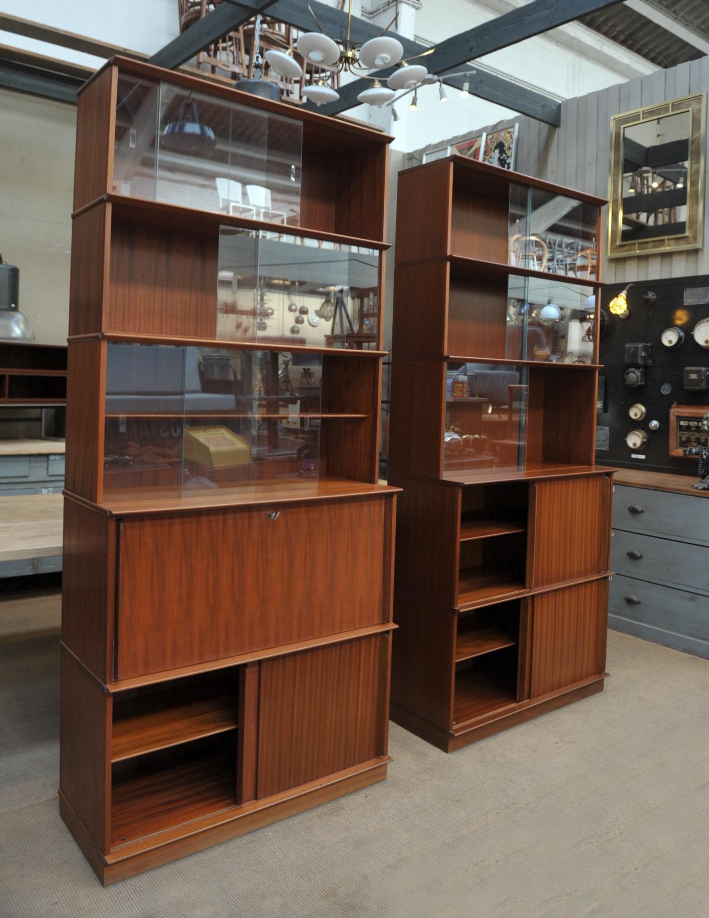 French Pair of Teak Secretaire and Sliding Doors Bookcase Cabinets, circa 1960 For Sale