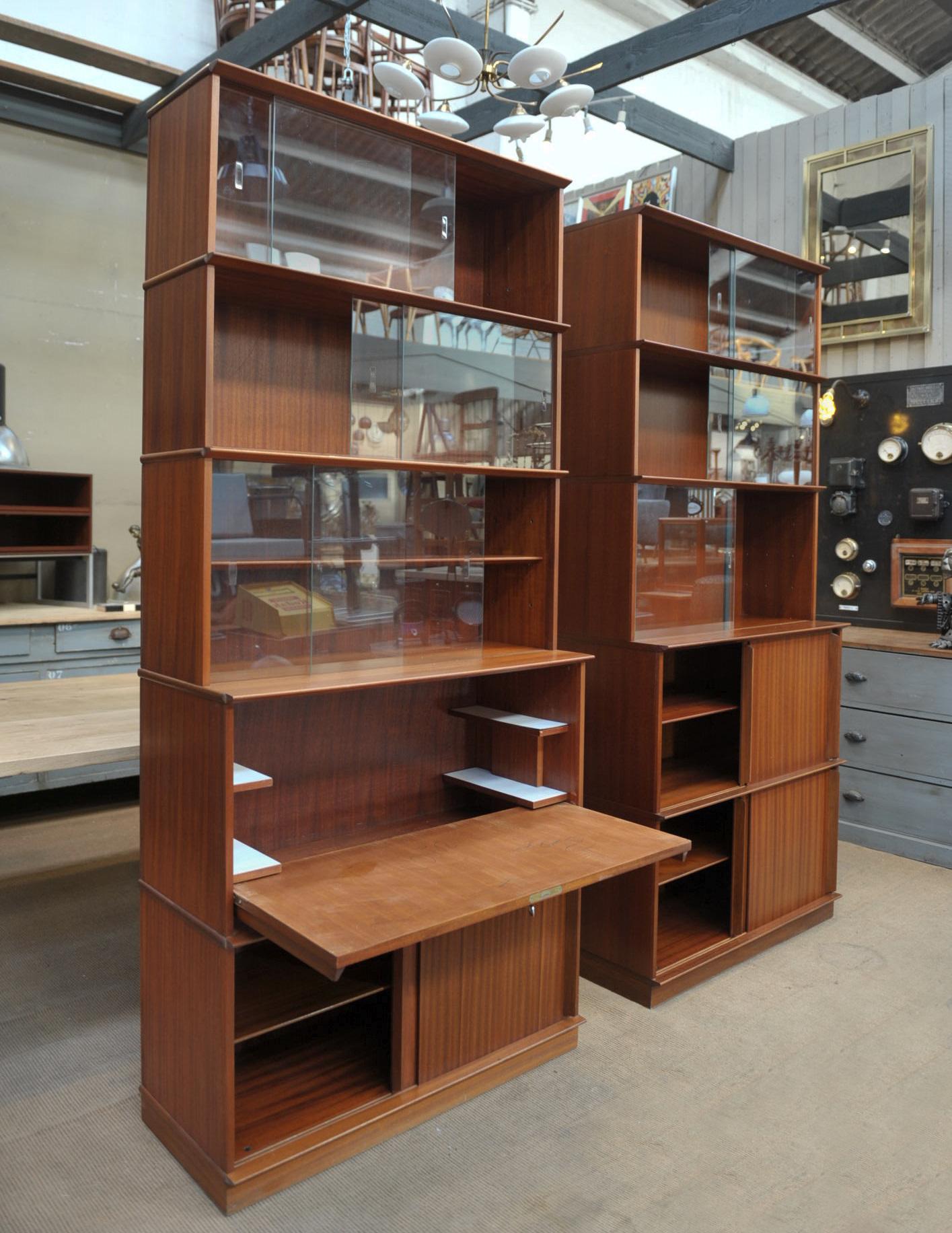 Pair of Teak Secretaire and Sliding Doors Bookcase Cabinets, circa 1960 In Good Condition For Sale In Roubaix, FR