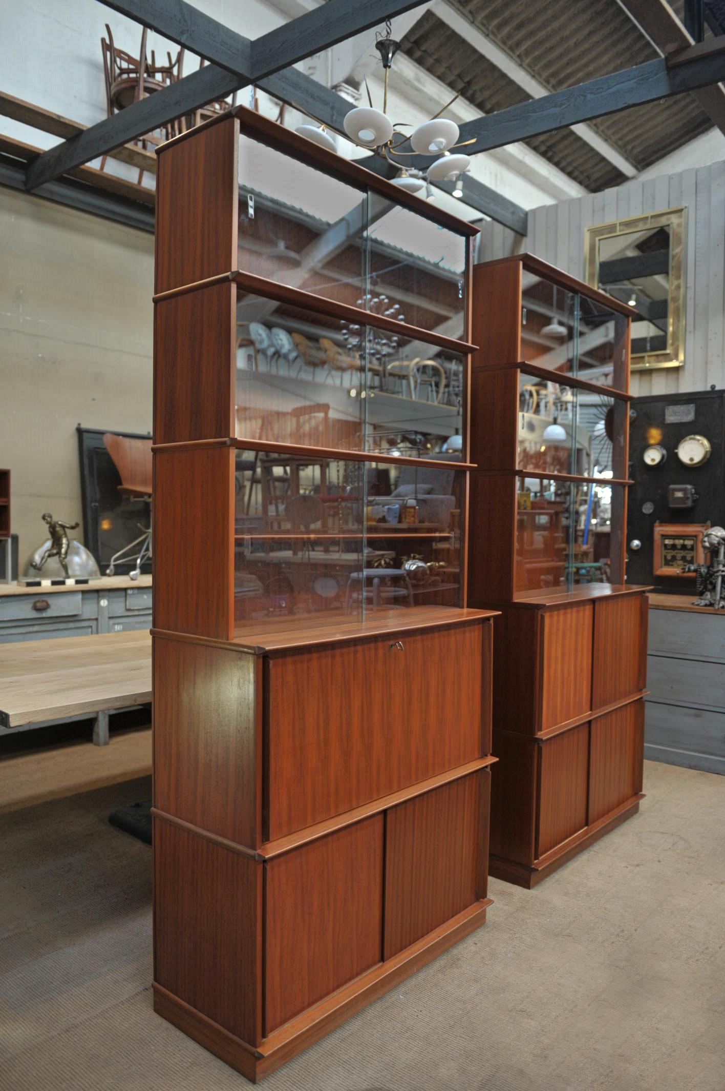 Mid-20th Century Pair of Teak Secretaire and Sliding Doors Bookcase Cabinets, circa 1960 For Sale