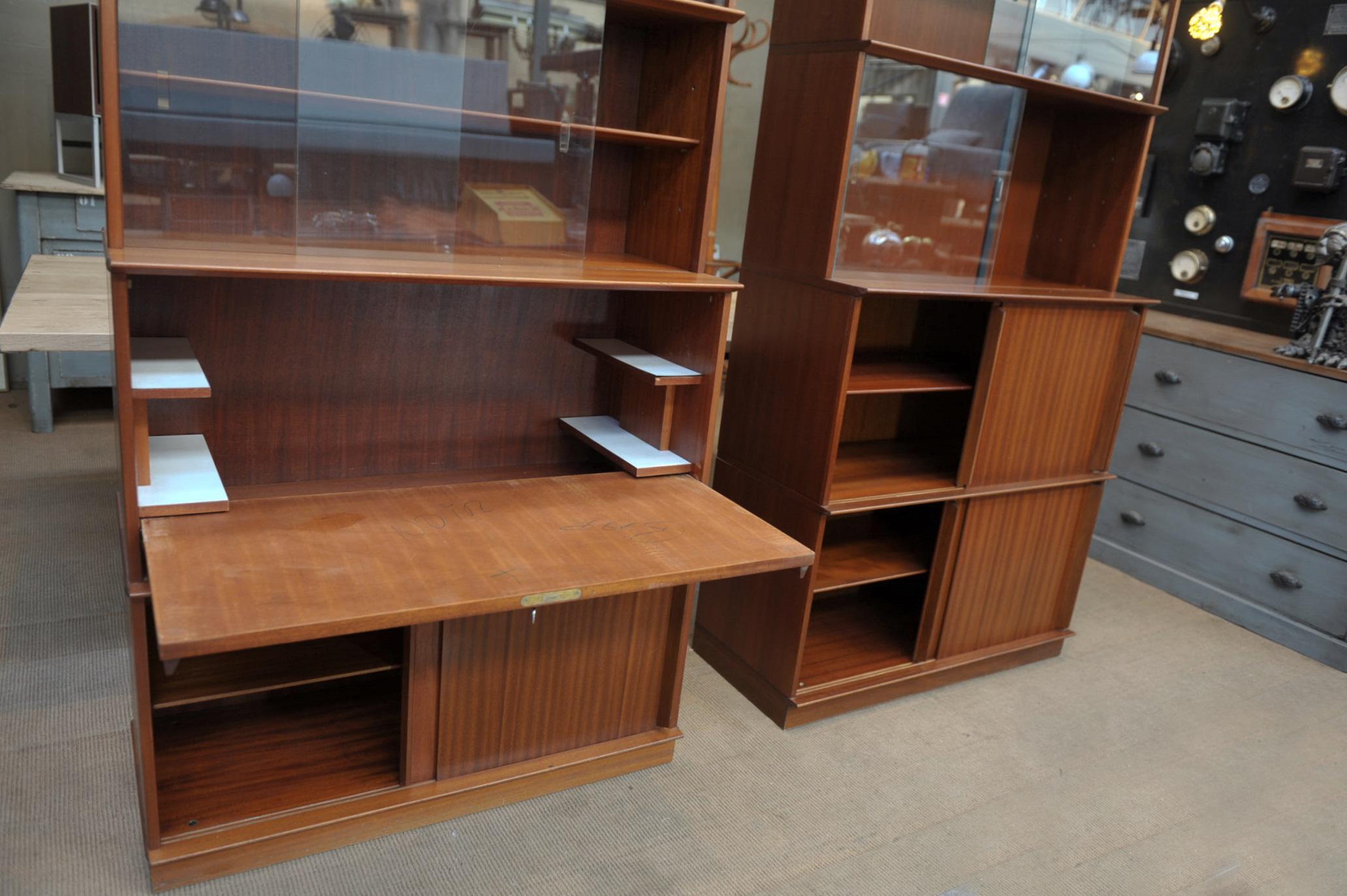 Pair of Teak Secretaire and Sliding Doors Bookcase Cabinets, circa 1960 For Sale 2