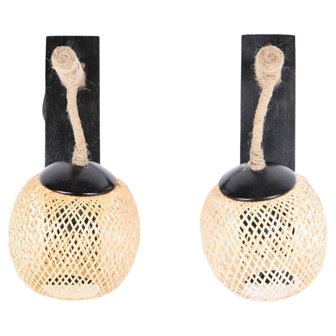Paire of Wooden, Bamboo and Rope Wall Light For Sale