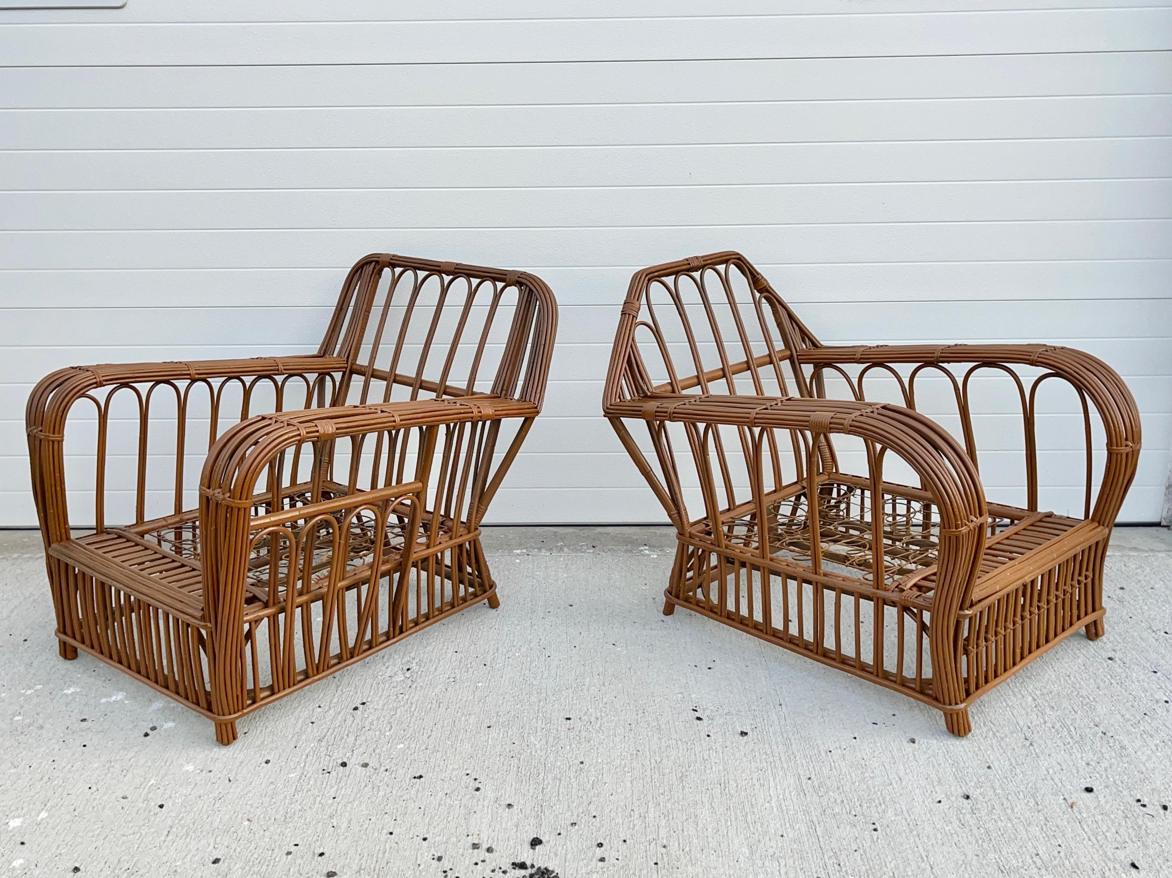 Paired American Art Deco Stick Reed Chairs In Good Condition For Sale In Hanover, MA