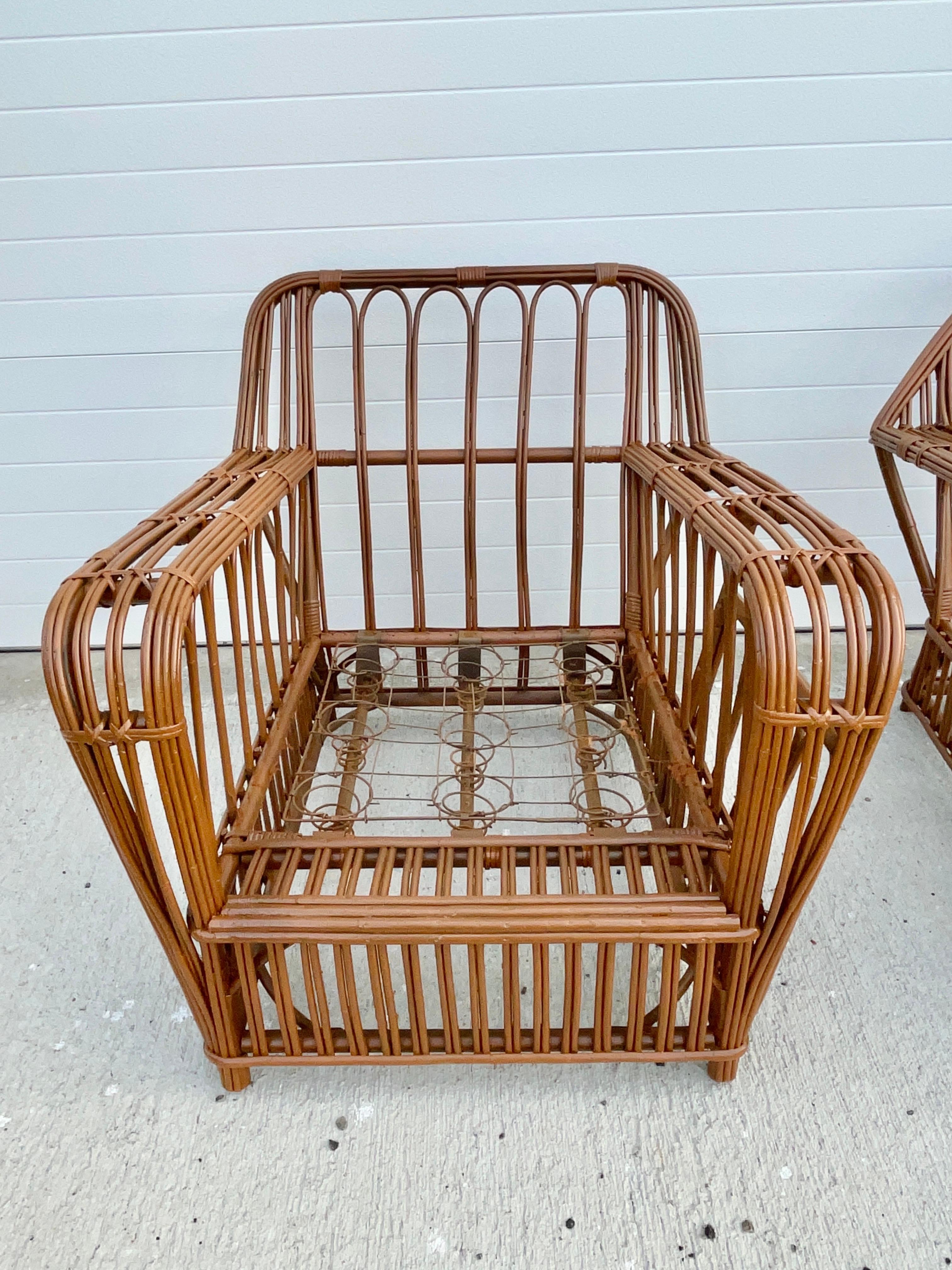 Upholstery Paired American Art Deco Stick Reed Chairs For Sale