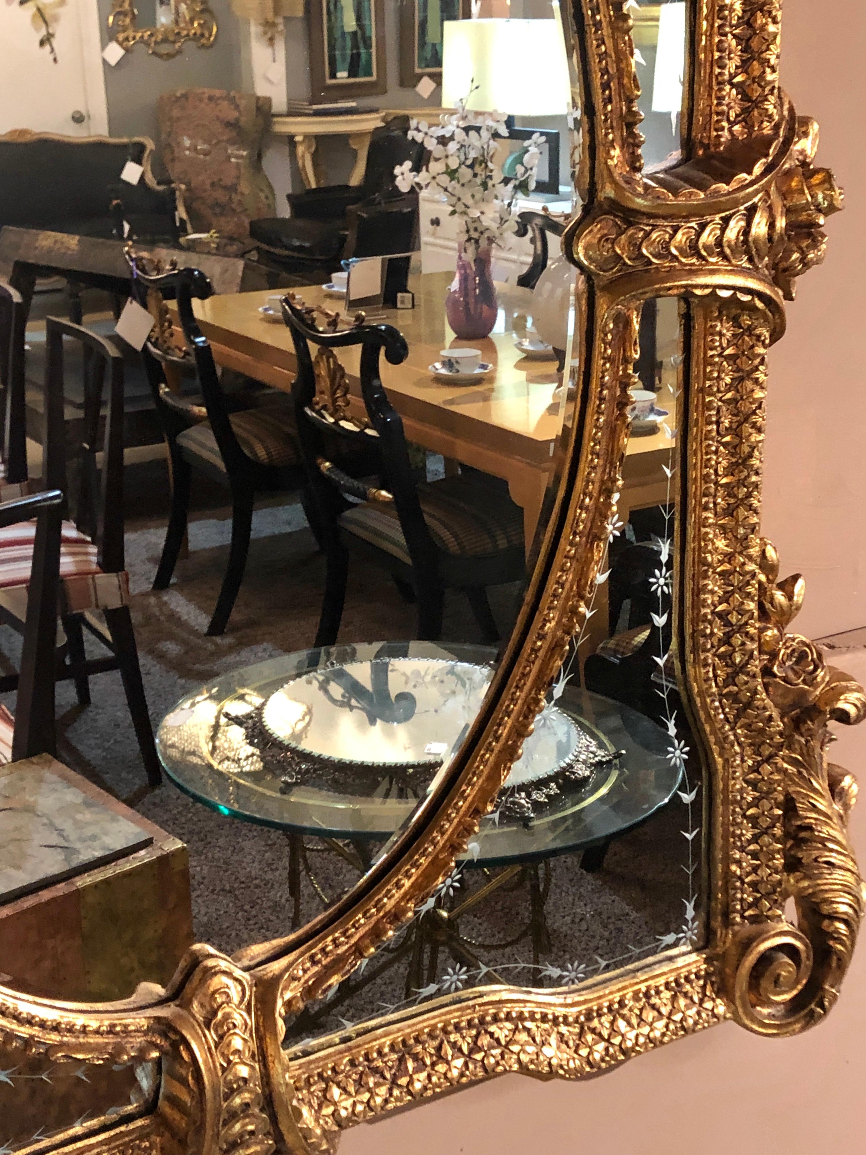 Pair of Monumental Venetian Gilt Carved Framed Etched Glass Wall/Console Mirrors 11