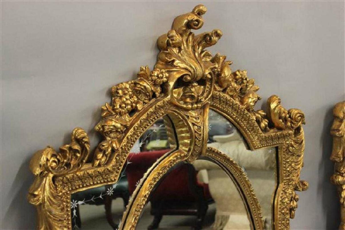 Louis XV Pair of Monumental Venetian Gilt Carved Framed Etched Glass Wall/Console Mirrors