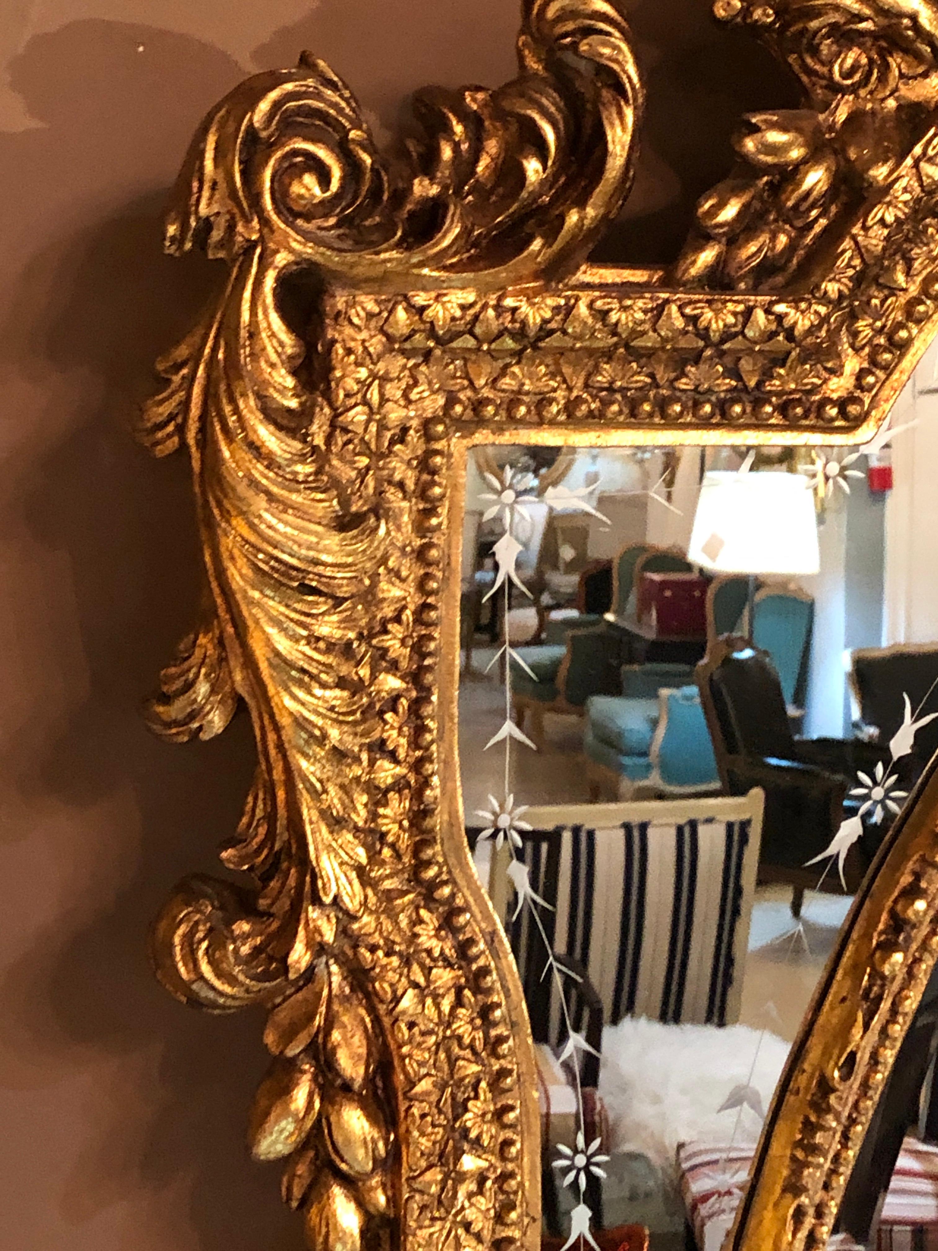 20th Century Pair of Monumental Venetian Gilt Carved Framed Etched Glass Wall/Console Mirrors