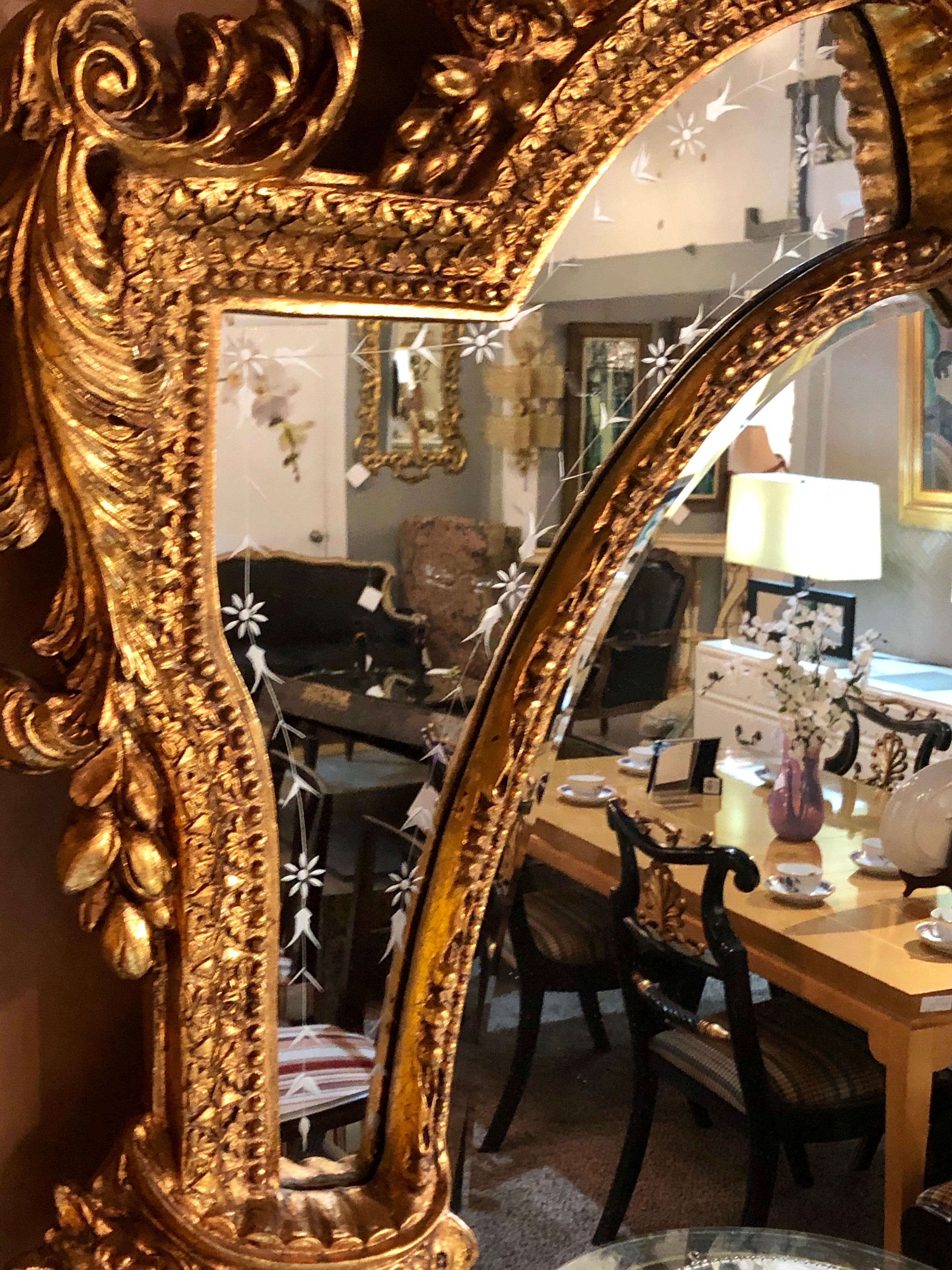 Pair of Monumental Venetian Gilt Carved Framed Etched Glass Wall/Console Mirrors 1