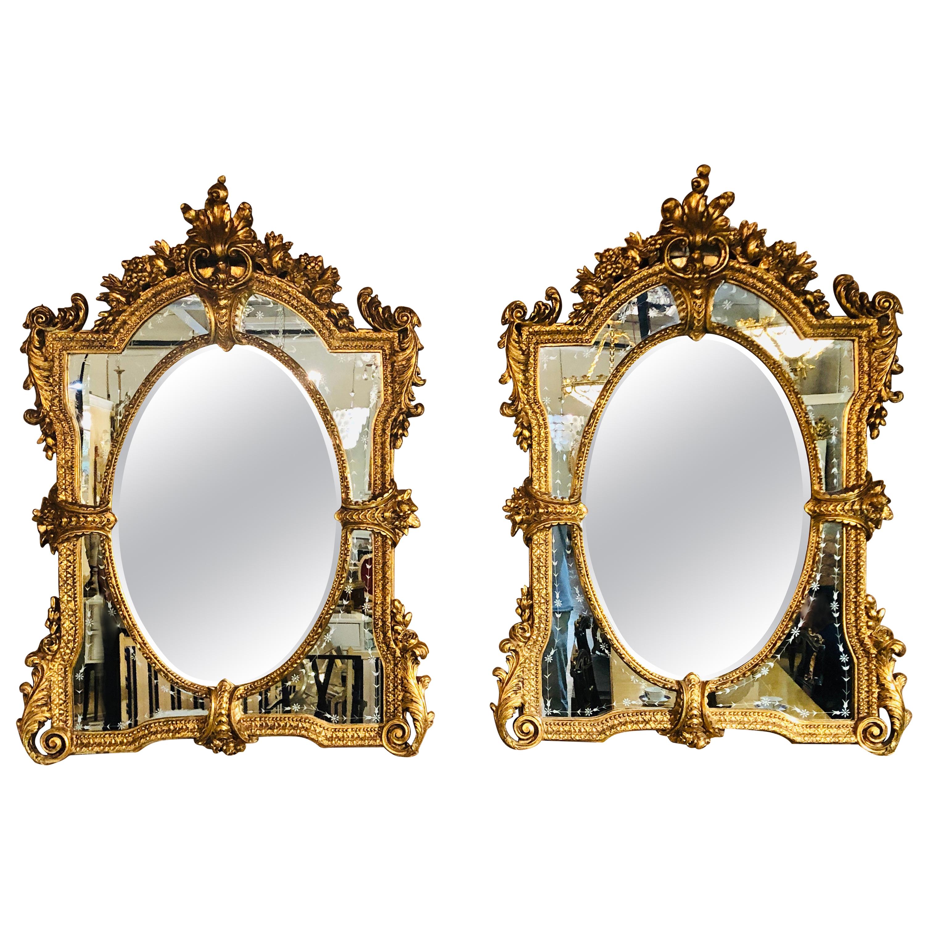 Pair of Monumental Venetian Gilt Carved Framed Etched Glass Wall/Console Mirrors
