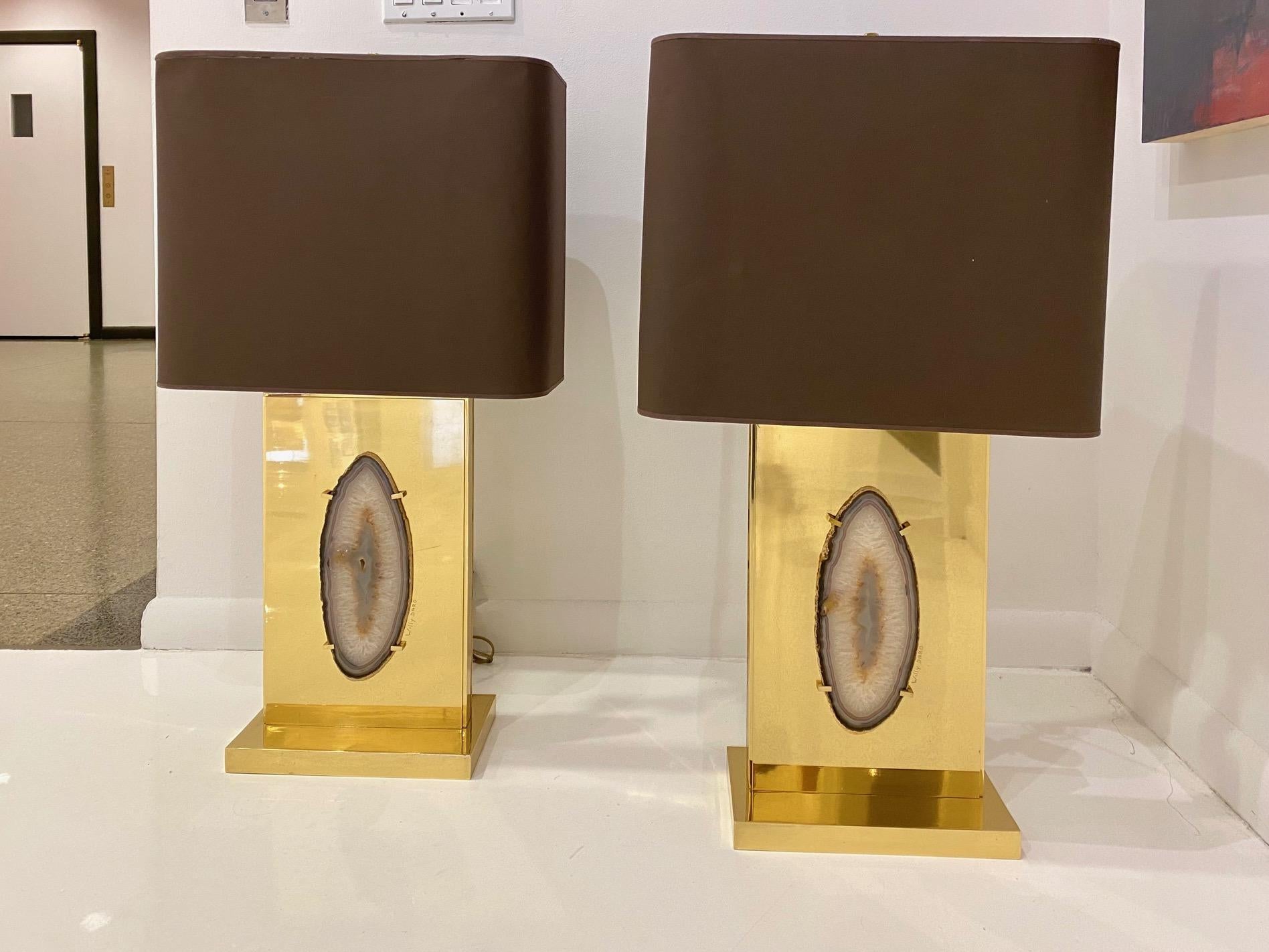 Great pair of solid brass lamps with agate inset by Willy Daro signed: 