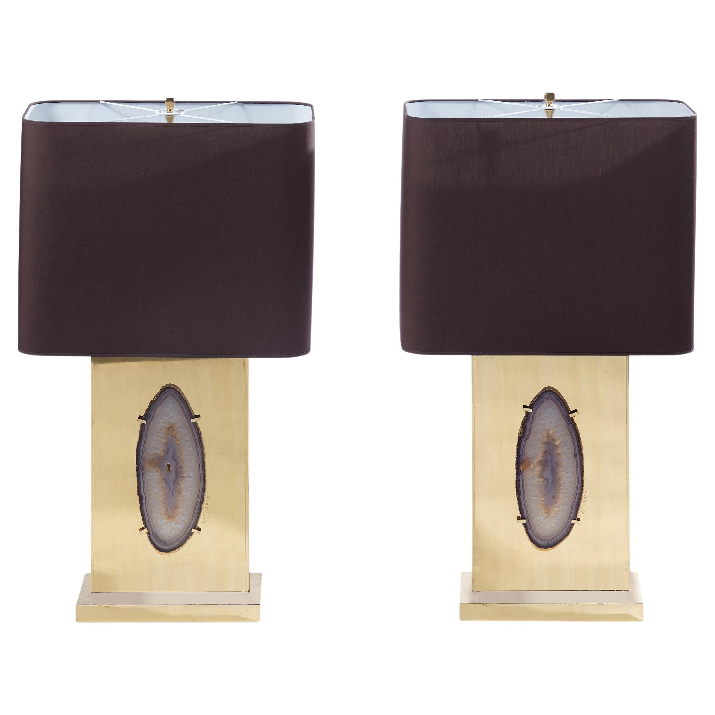 Pairof Brass Lamps with Agathe Inset by willy Daro For Sale