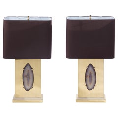 Pairof Brass Lamps with Agathe Inset by willy Daro