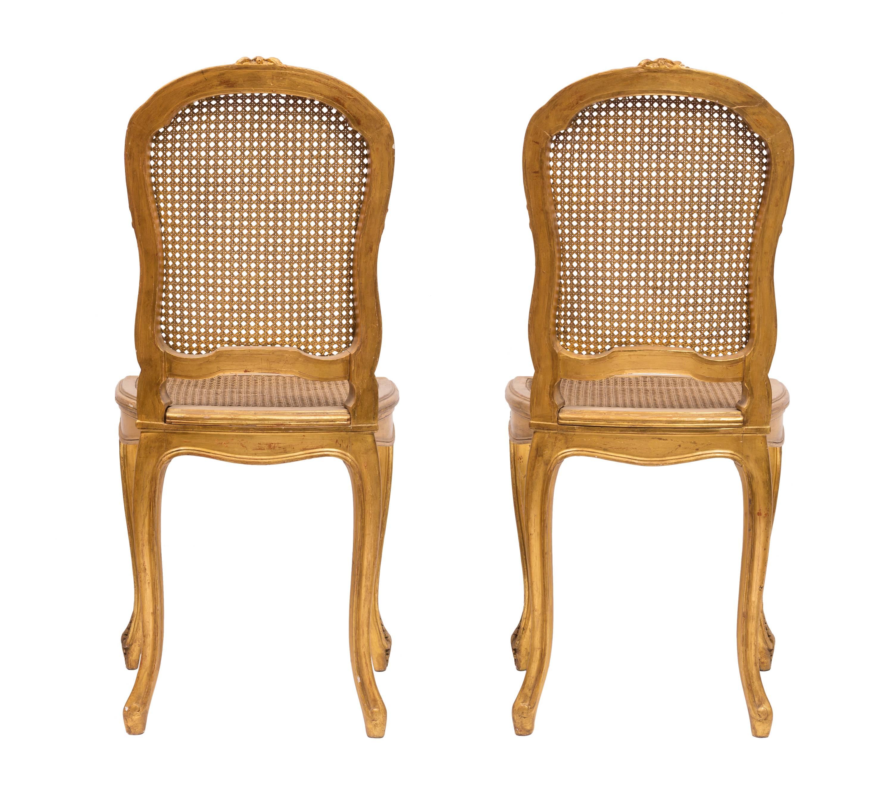 Hand-Carved Pair of 19th Century French Louis XV Giltwood Cane Back Chairs
