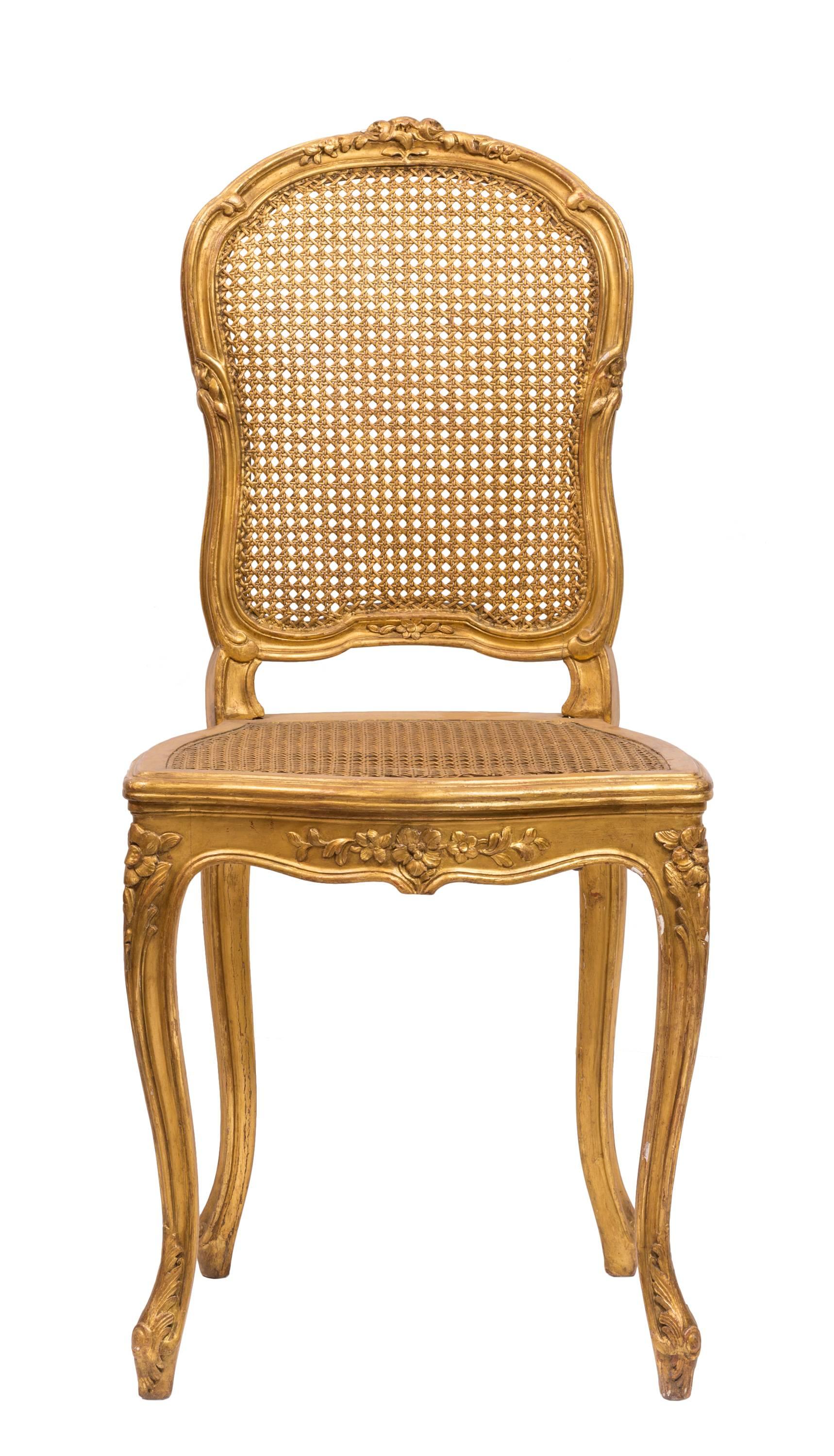 Pair of 19th Century French Louis XV Giltwood Cane Back Chairs In Good Condition In Madrid, ES