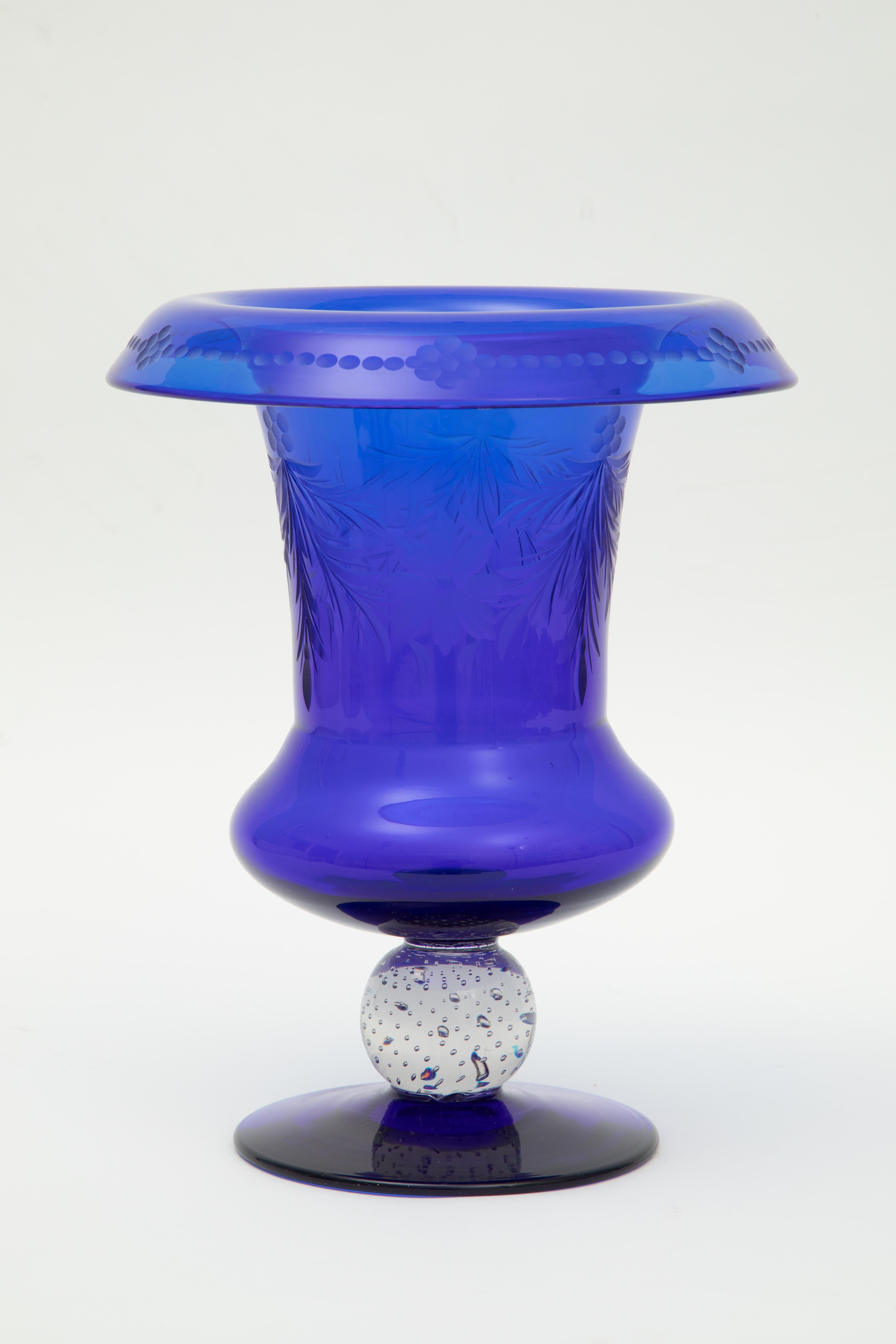Pairpoint Antique Cobalt Blue Crystal Vase, Signature Controlled Bubble Stem For Sale 3
