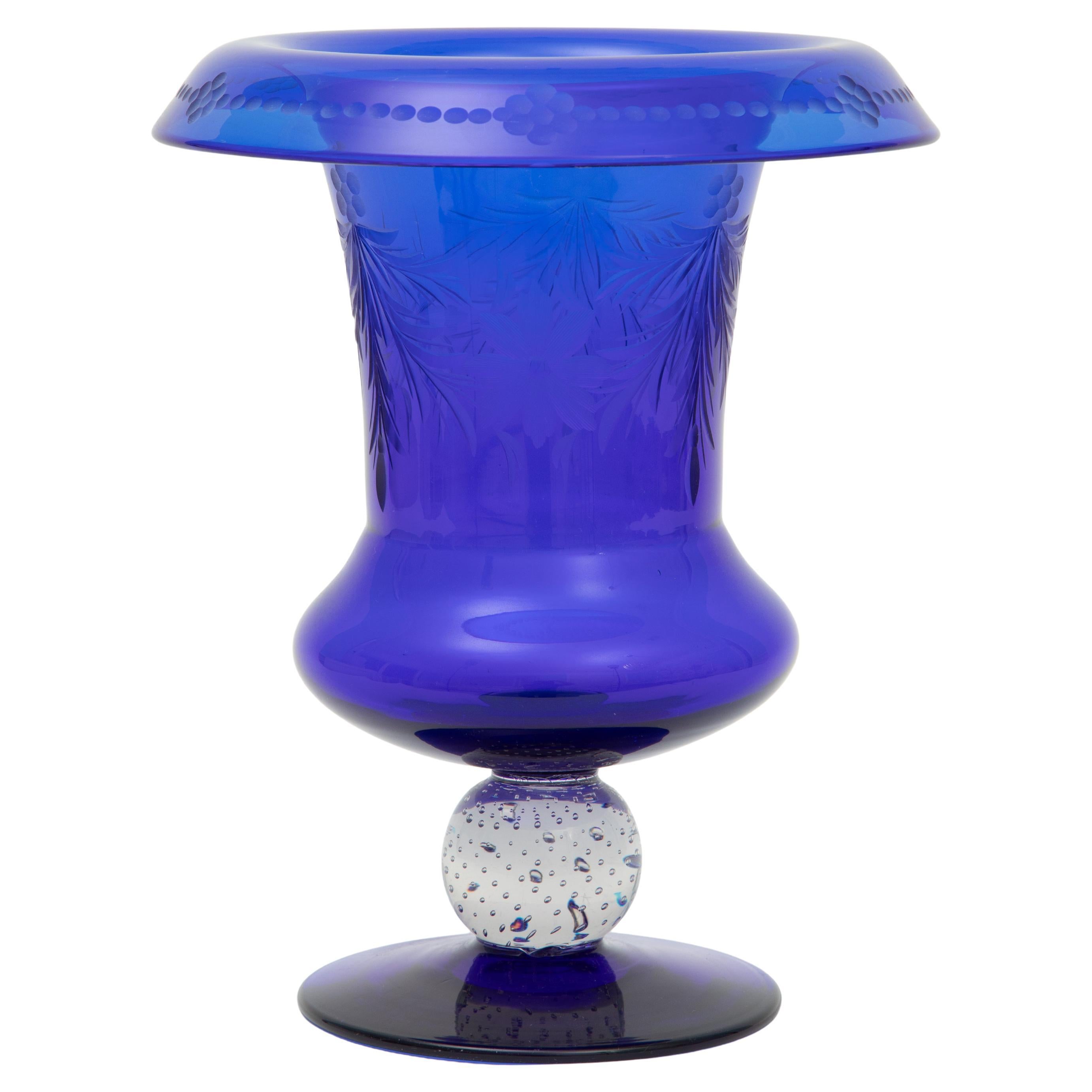 Pairpoint Antique Cobalt Blue Crystal Vase, Signature Controlled Bubble Stem For Sale