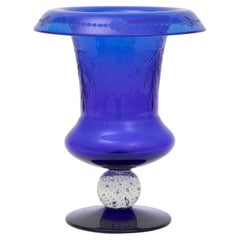 Jarrón de Cristal Azul Cobalto Antiguo Pairpoint, Tallo de Burbuja Controlado por Firma