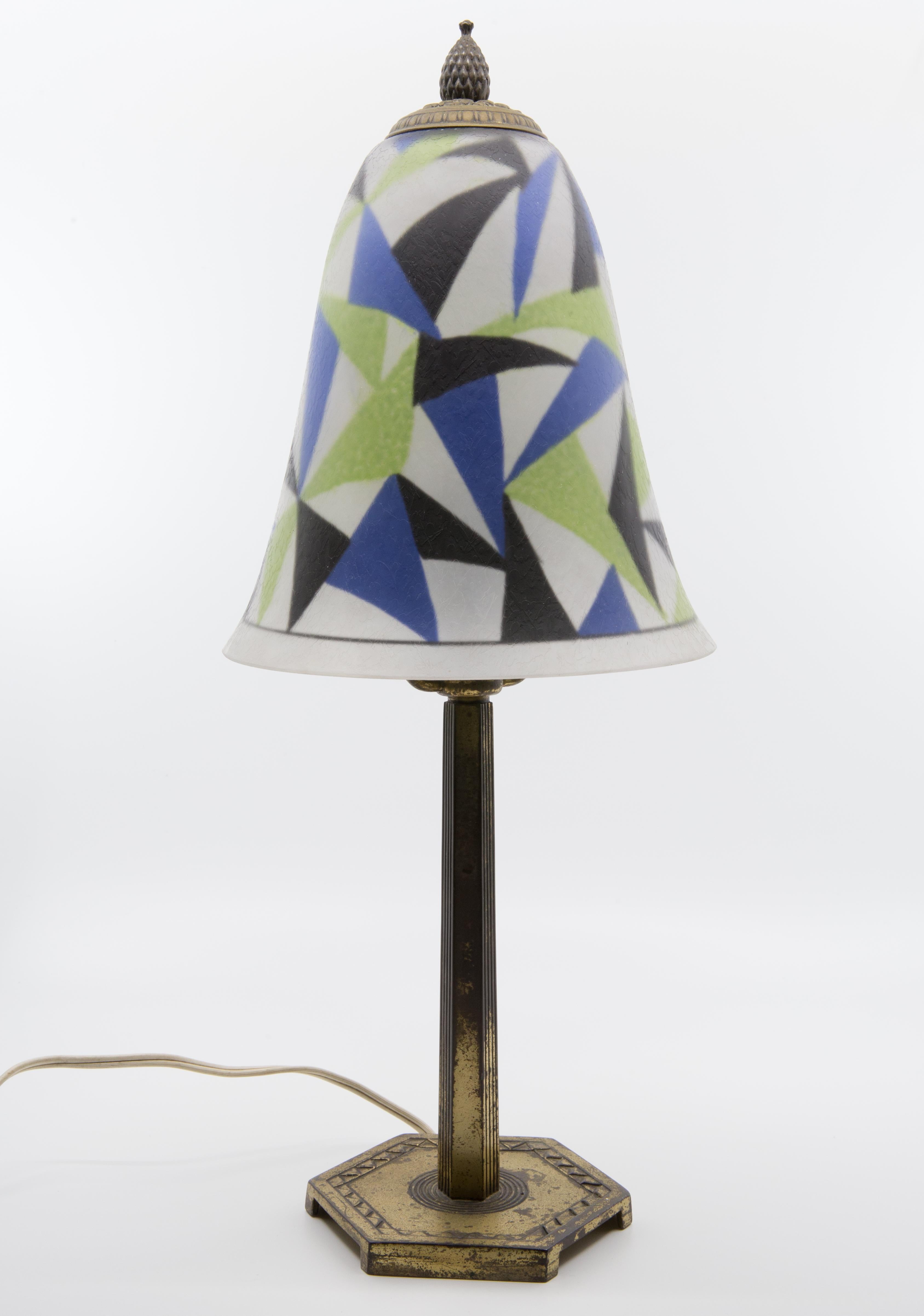 Etched Pairpoint Art Deco Reverse Painted Signed Desk Lamp, circa 1925